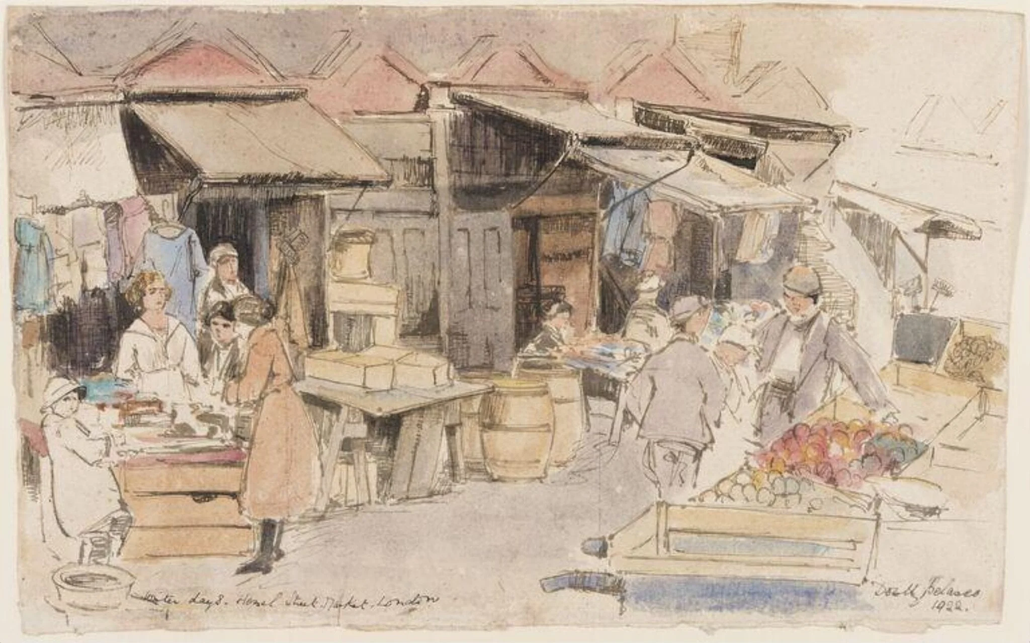 Winter days, Hessel Street Market, London, by Dorothy Belasco, watercolor, 1922