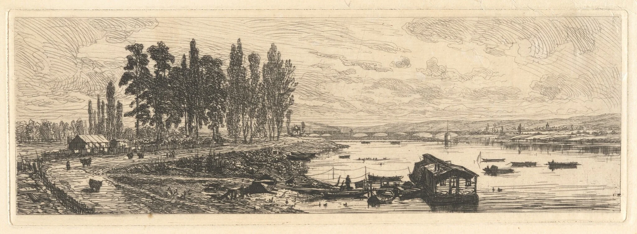 The Banks of the Seine at Bezons, by Maxime Lalanne, ink, 1869