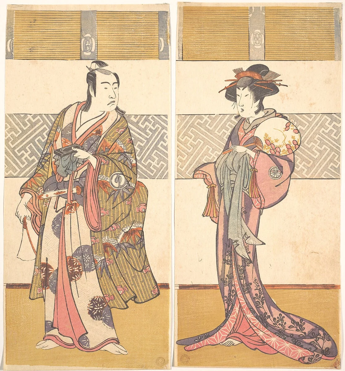 勝川春章画　三代目澤村宗十郎と三代目瀬川菊之丞|Kabuki Actors Sawamura Sōjūrō III and Segawa Kikunojō III, by Katsukawa Shunshō, ink, 1780