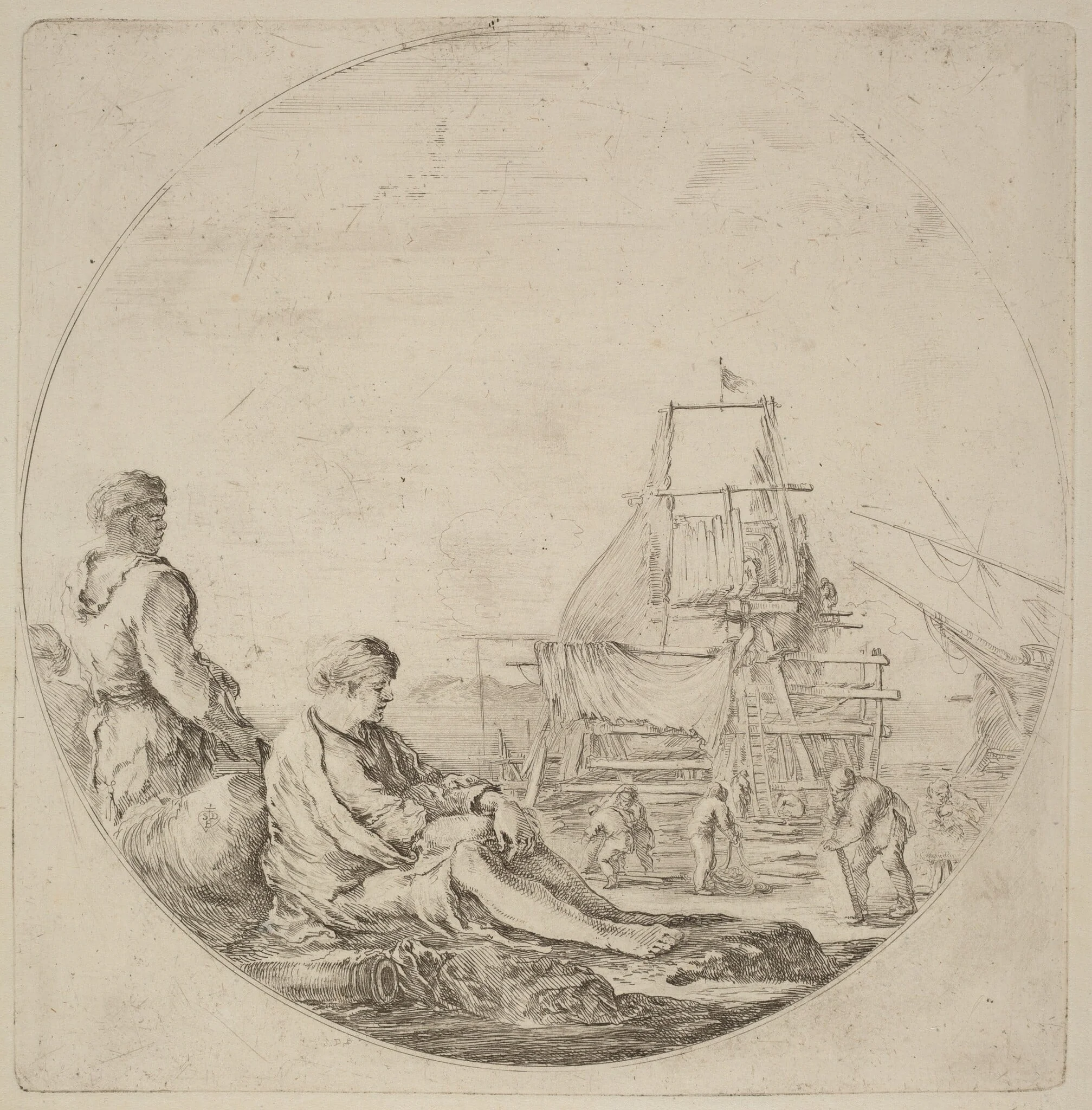 A Seated White Sailor and a Standing Black Sailor, by Stefano Della Bella, ink, 1637