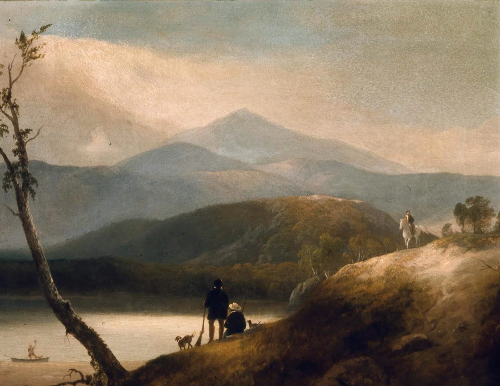 Lake in the Mountains with Hunters