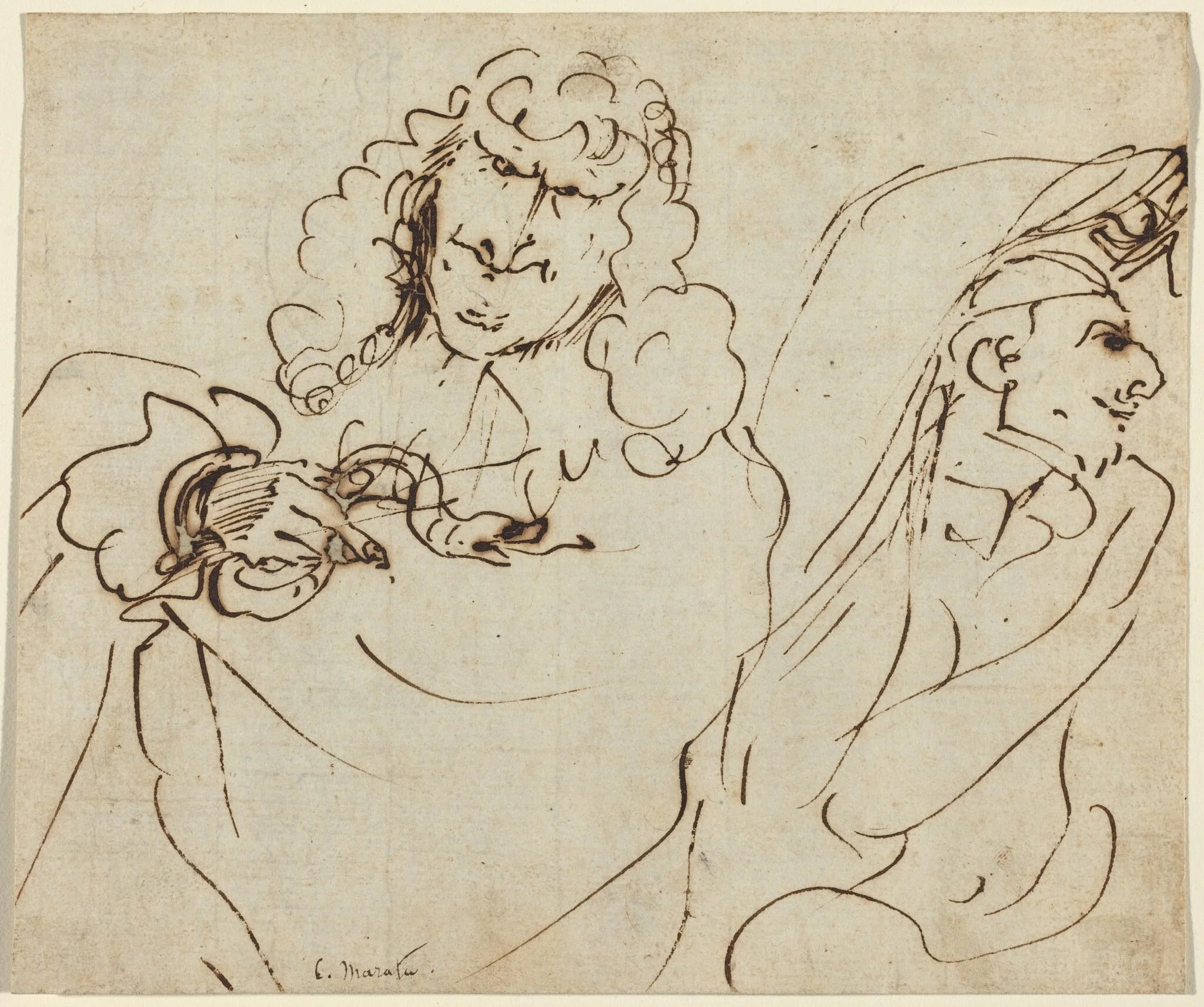 Caricature with Mola Protecting Himself from a Man Holding a Viper, by Pier Francesco Mola, ink, 1639