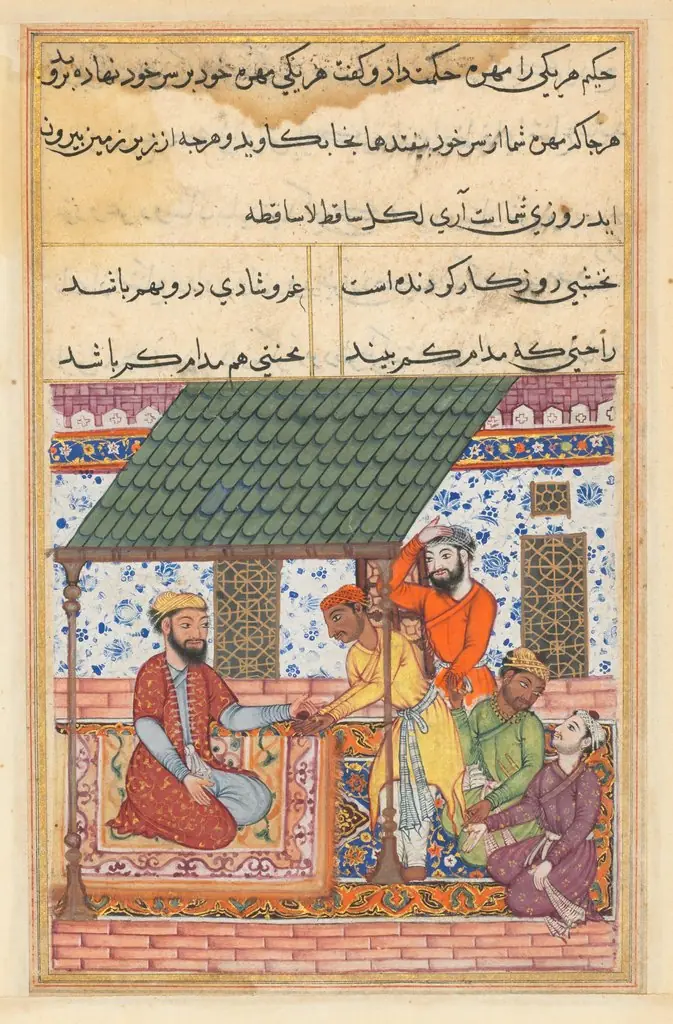 The four destitute friends go to a wise man who gives each one of them a magic shell to be placed on top of the turban, from a Tuti-nama (Tales of a Parrot): Forty-seventh Night