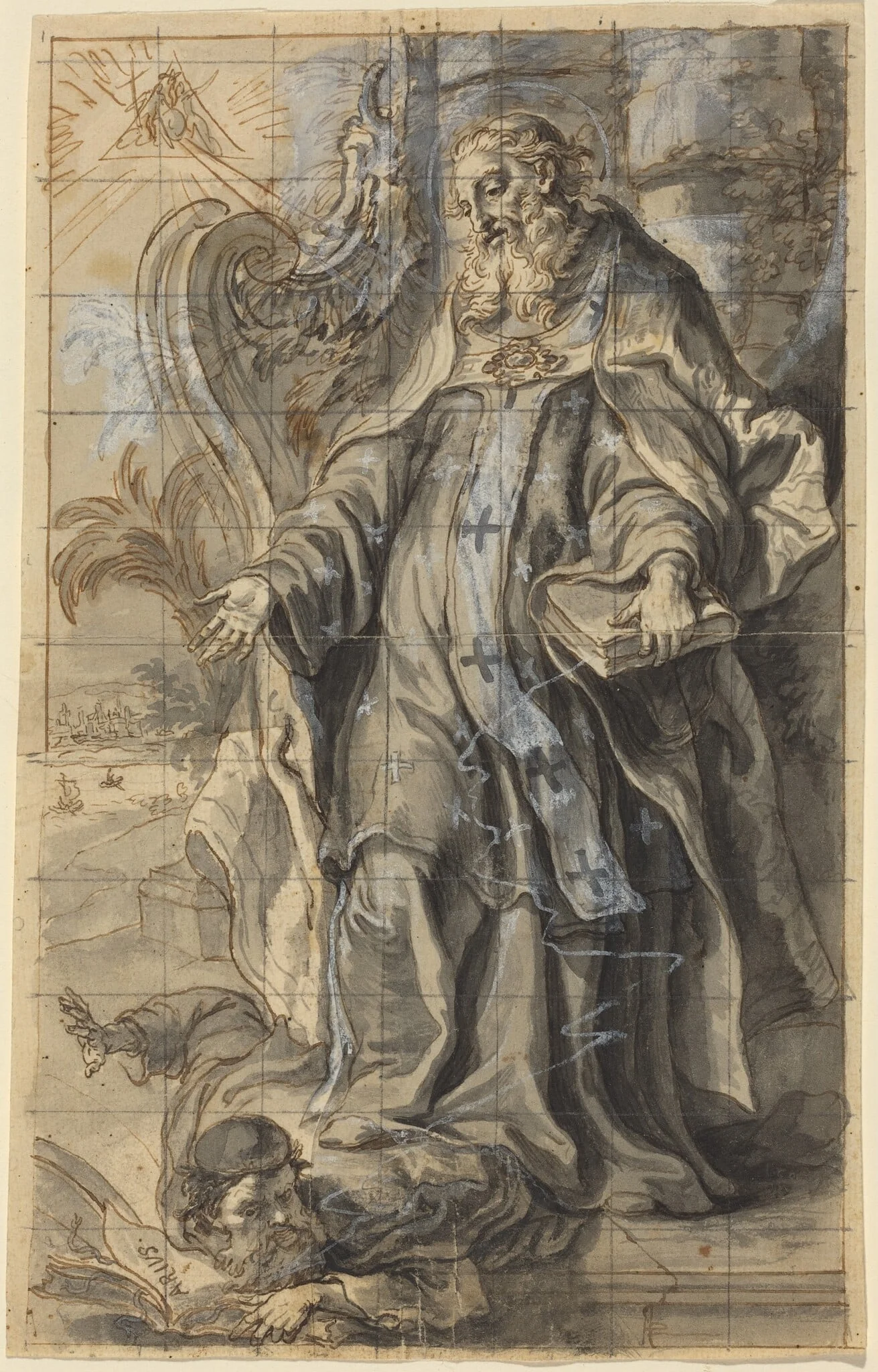 Saint Ambrose Suppressing Heresy, by Gottfried Bernhard Götz, ink, 1741