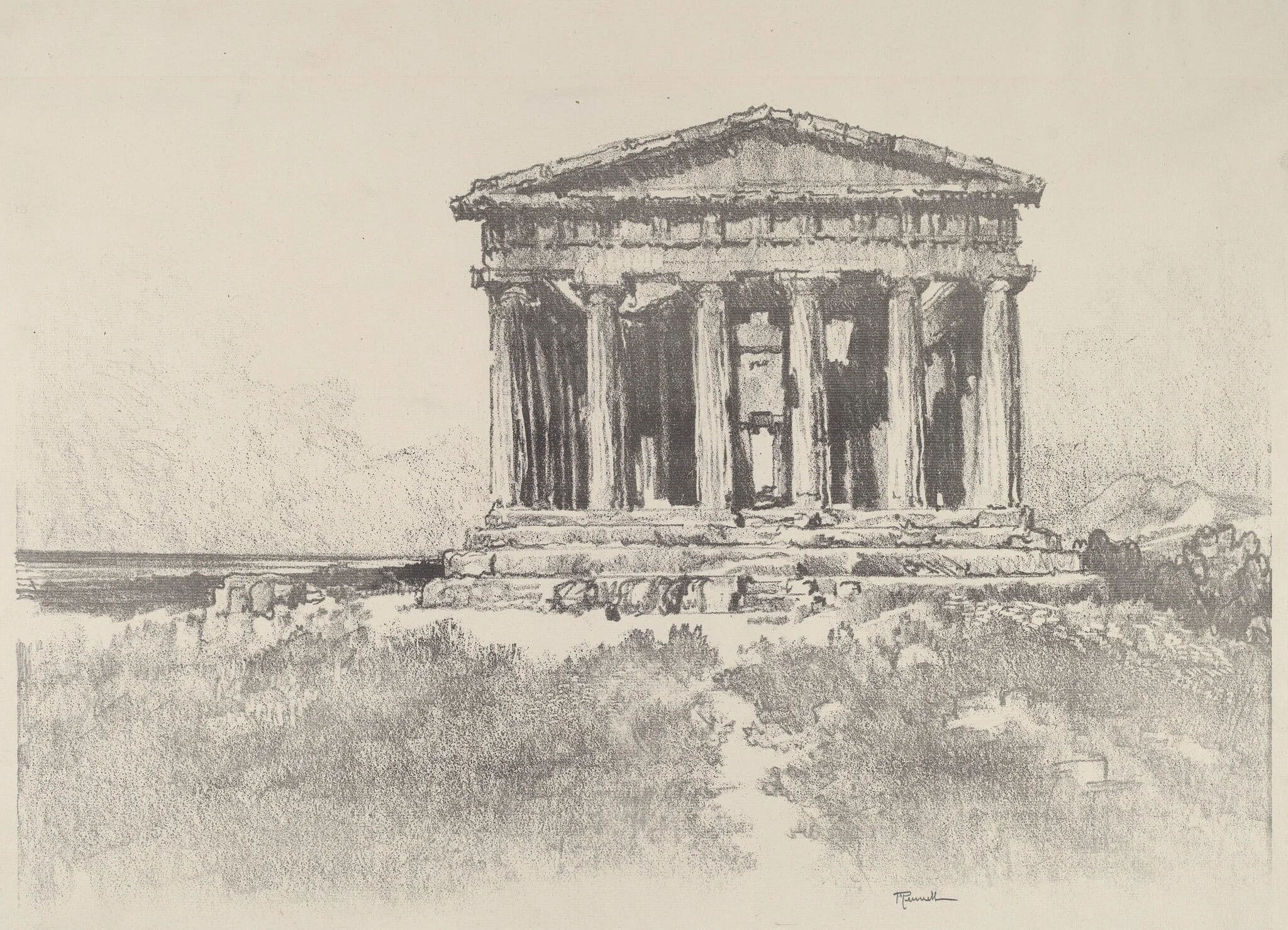 The Temple by the Sea, Temple of Concord, Girgenti, by Joseph Pennell, ink, 1913