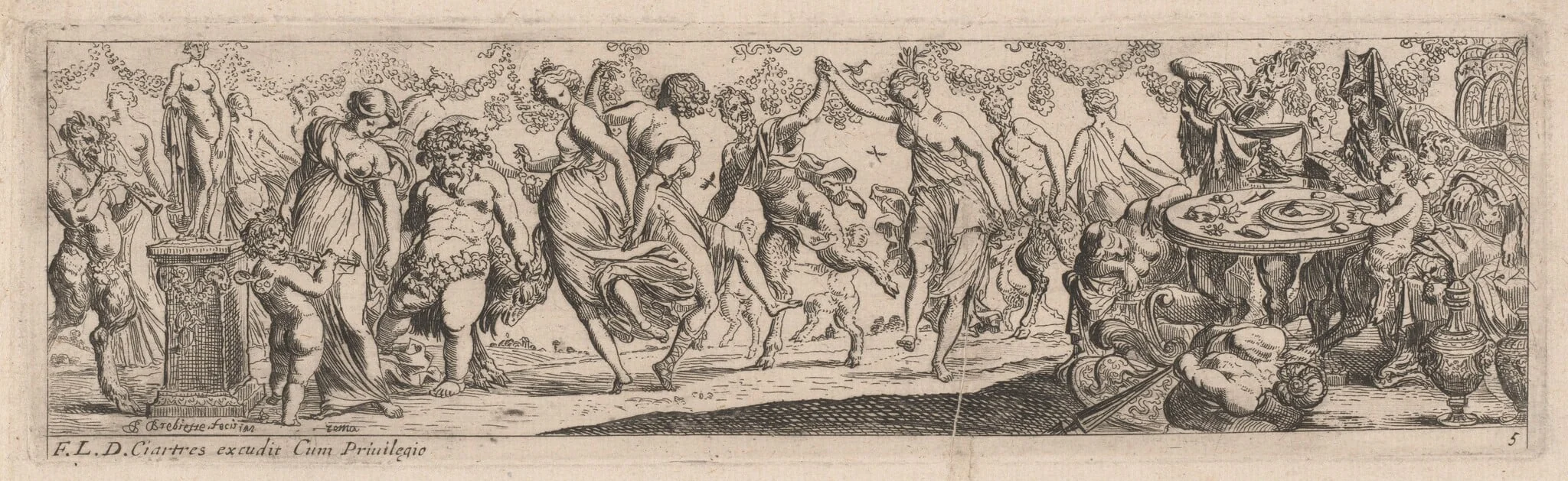 Dancing Nymphs and Satyrs, by Pierre Brebiette, ink, 1626