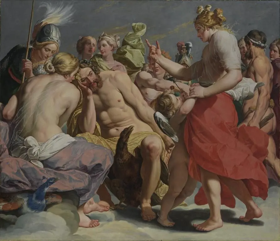 Venus, Juno and Minerva arguing for Jupiter over the Golden Apple of Eris