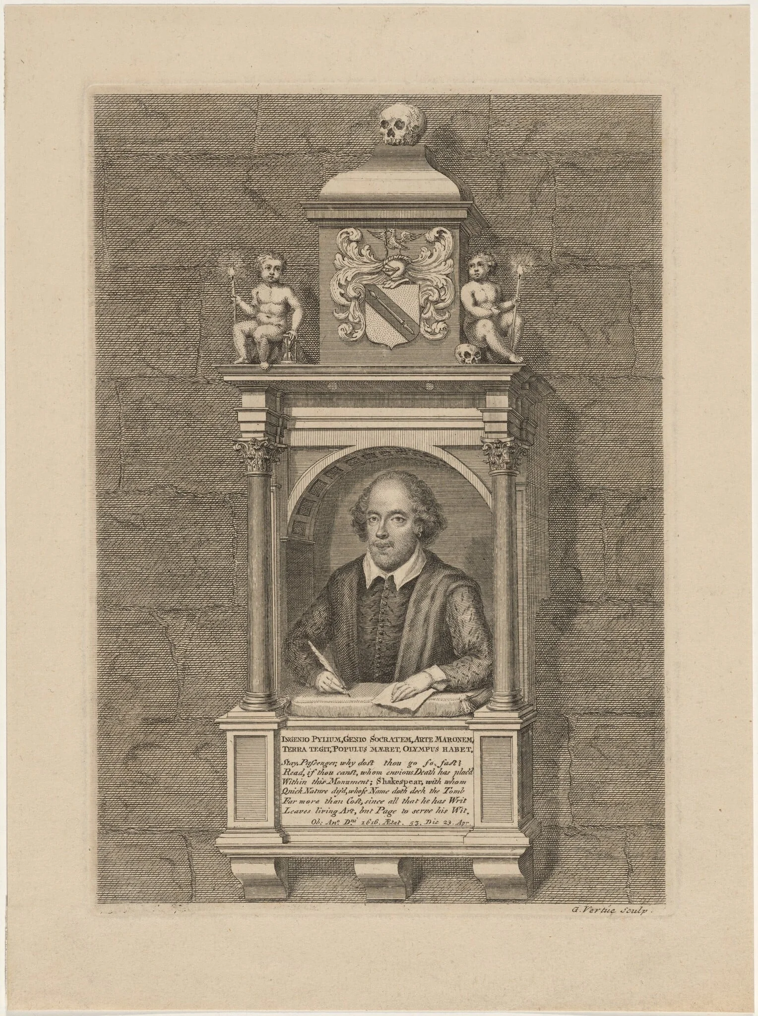 Shakespeare Monument in Church at Stratford-on-Avon, by George Vertue, ink, 1720