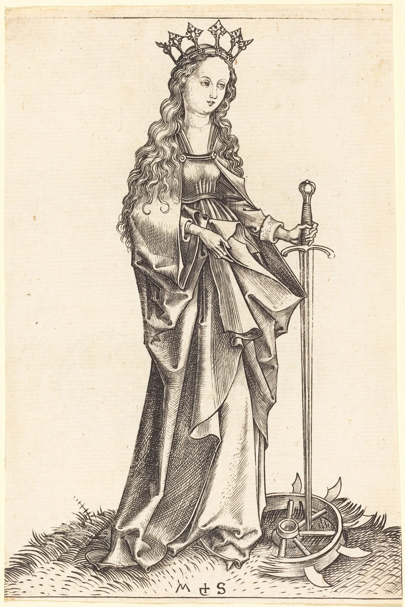 Saint Catherine of Alexandria, by Martin Schongauer, ink, 1485