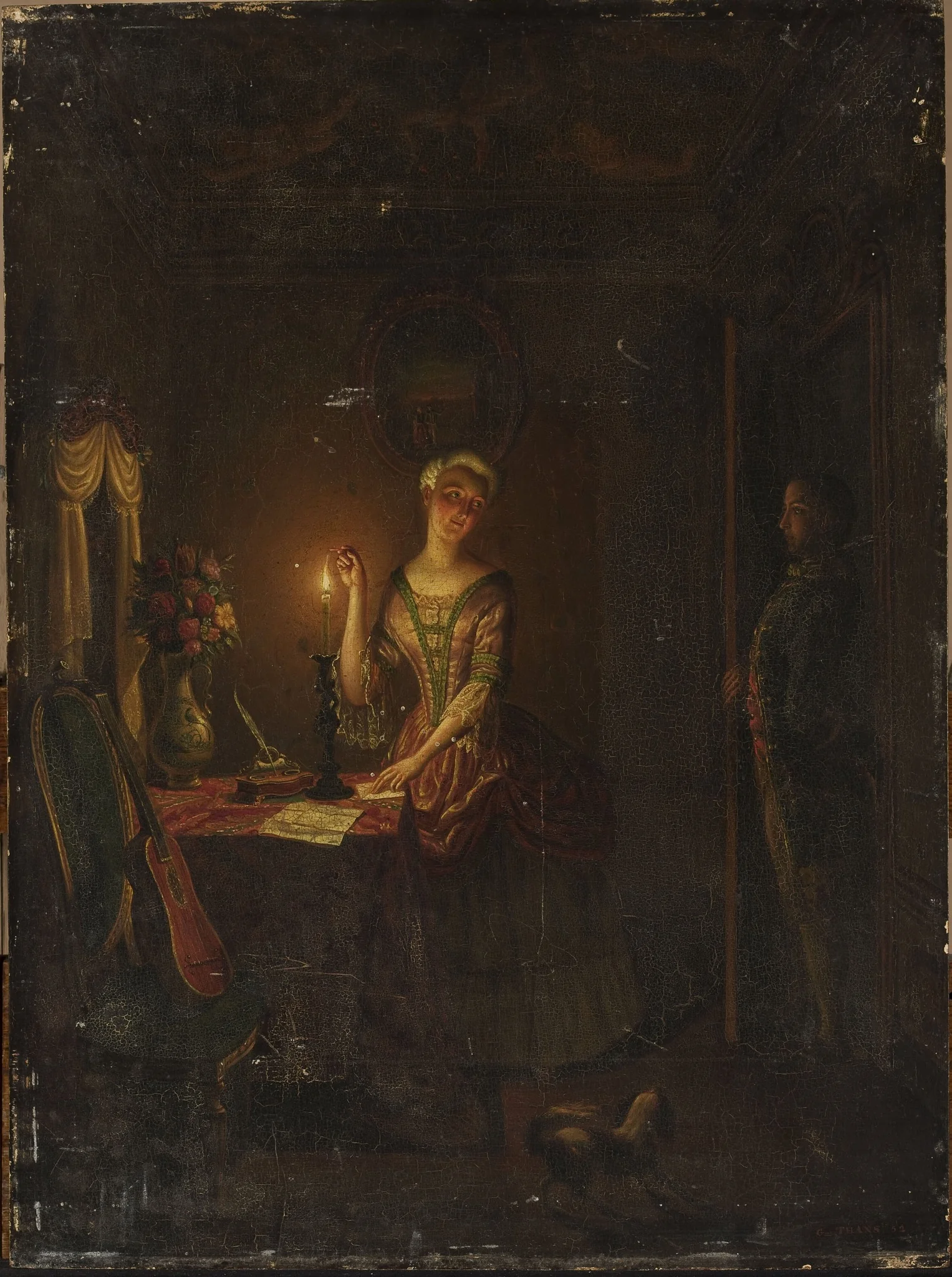 Sealing a letter with wax, by Willem Thans, oil, 1852