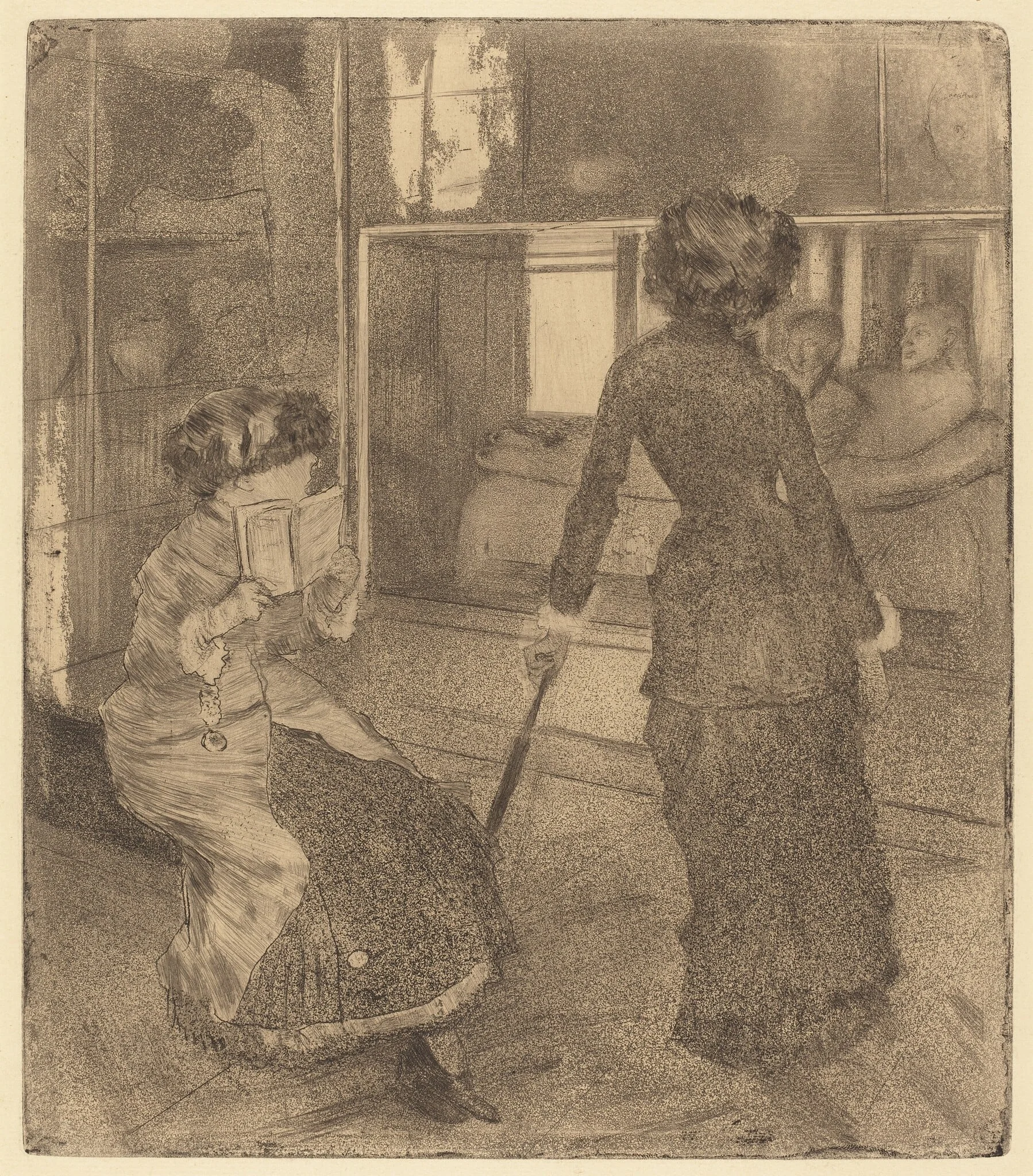 Mary Cassatt at the Louvre: The Etruscan Gallery, by Edgar Degas, ink, 1880
