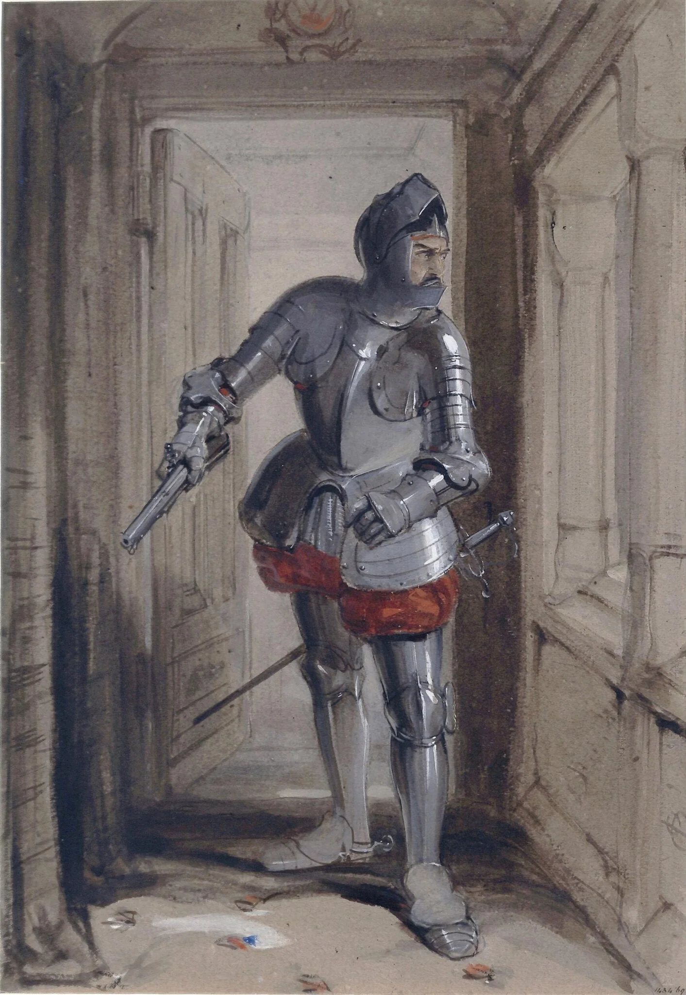 Hamilton of Bothwellhaugh about to shoot the Regent Murray, at Linlithgow, on 23rd January 1570., by George Cattermole, watercolor, 1825