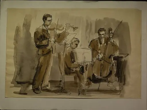 Desen în tuș și acuarelă redând o performanță muzicală a trioului compus din Valentin Gheorghiu (pian), Ștefan Gheorghiu (vioară) și Radu Aldulescu (violoncel). Lucia Cosmescu (1916-1969) a fost pictoriță și grafician român, Născută în Galați, a făcut studii de pictură la Academia de Arte Frumoase din București. A doua jumătate a sec. XX