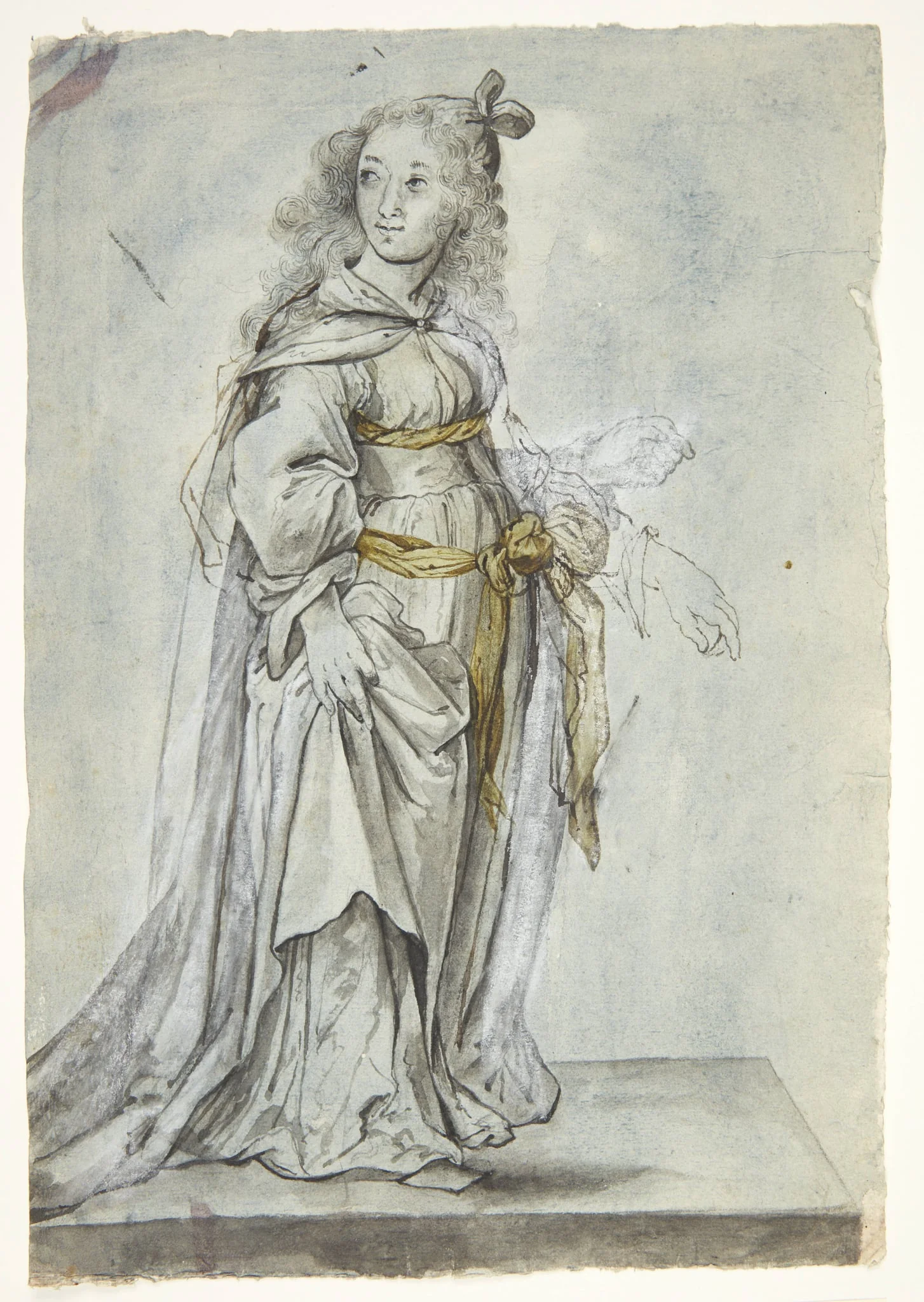 Allegorisk kvindefigur. Hele højre side af kroppens kontur er rettet. Kvindens venstre arm udsat for pentiménto, by Unknown, unspecified, 1650