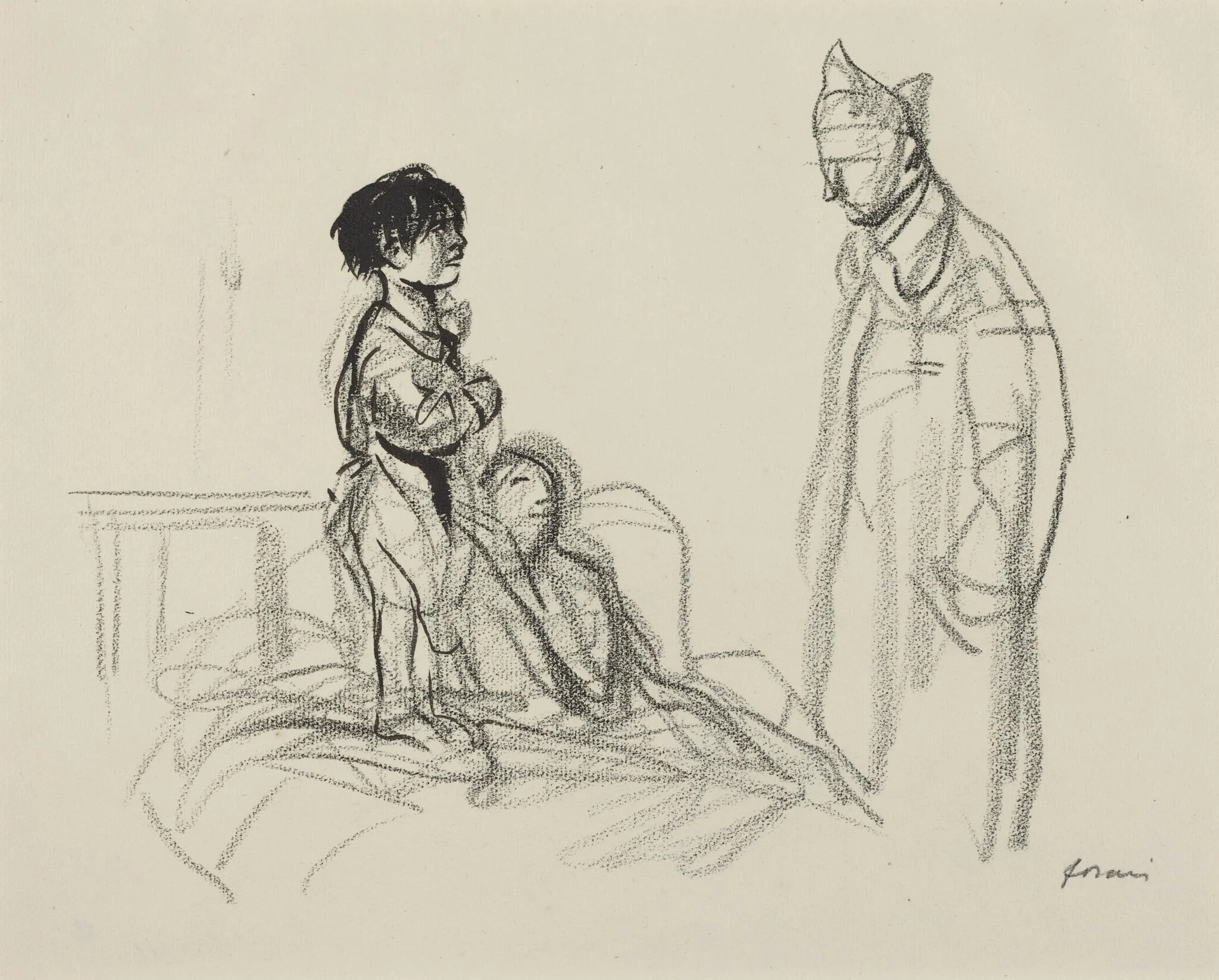 Mother and Child Visited by Soldier in Hospital, by Jean-Louis Forain, ink, 1916