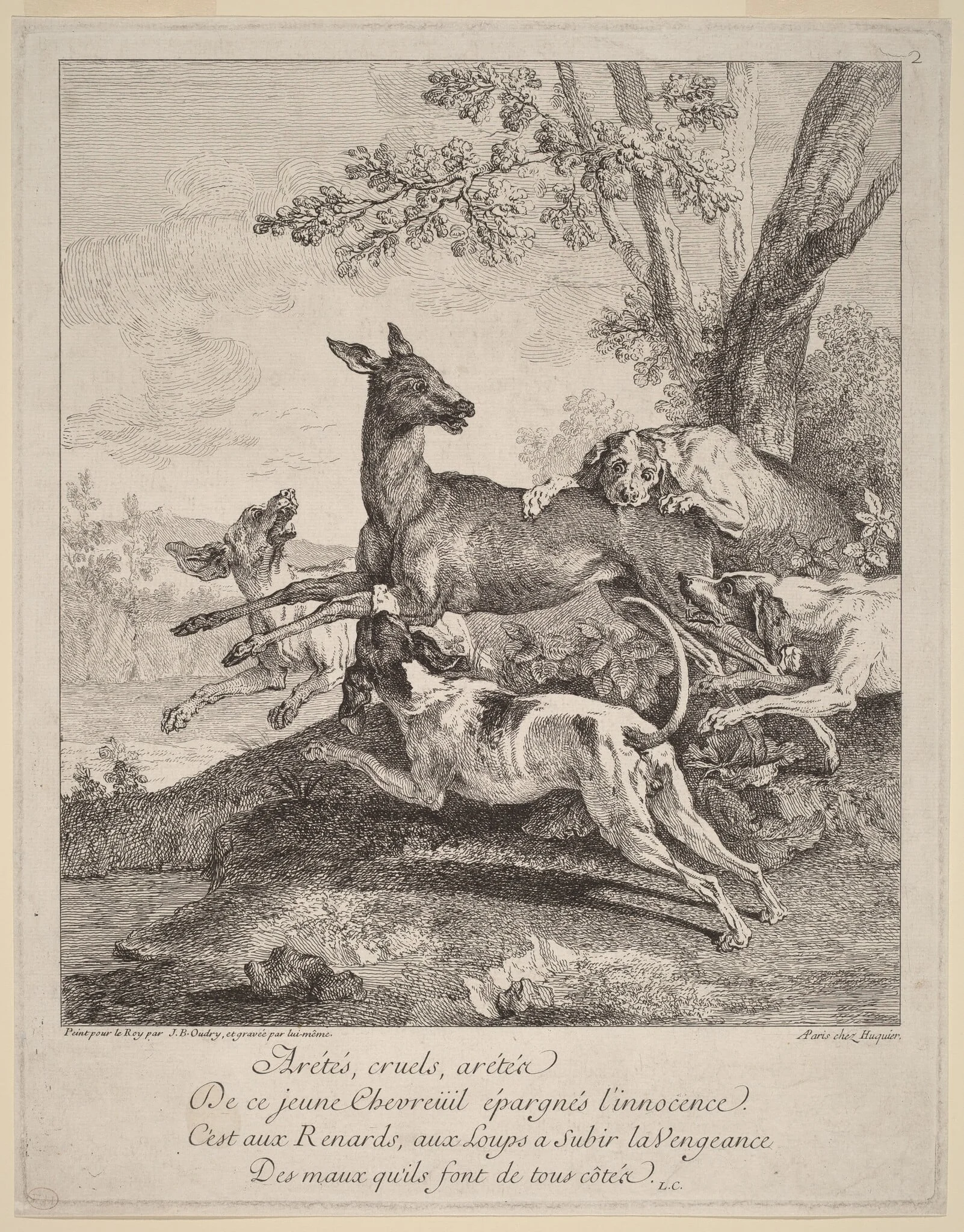 A Deer Attacked by Dogs, by Jean-Baptiste Oudry, ink, 1725