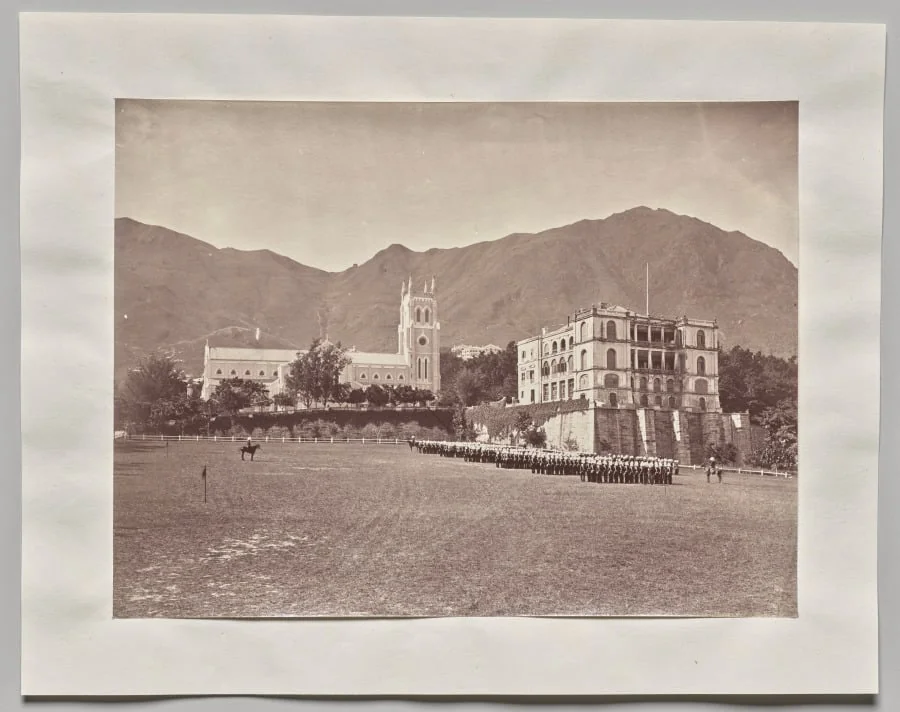 Untitled (Hong Kong, St. John’s Cathedral, from the Parade Ground, H.M. Regiment on Parade), by Lai Fong (Afong Studio), 1870