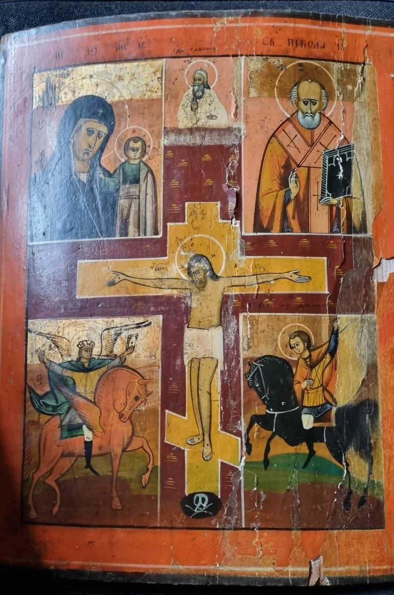 Răstignirea; Maica Domnului Kazanskaia; Sf. Nicolae; Sf. Arh. Mihail; Sf. Mucenic Dumitru, by Unknown, 1850