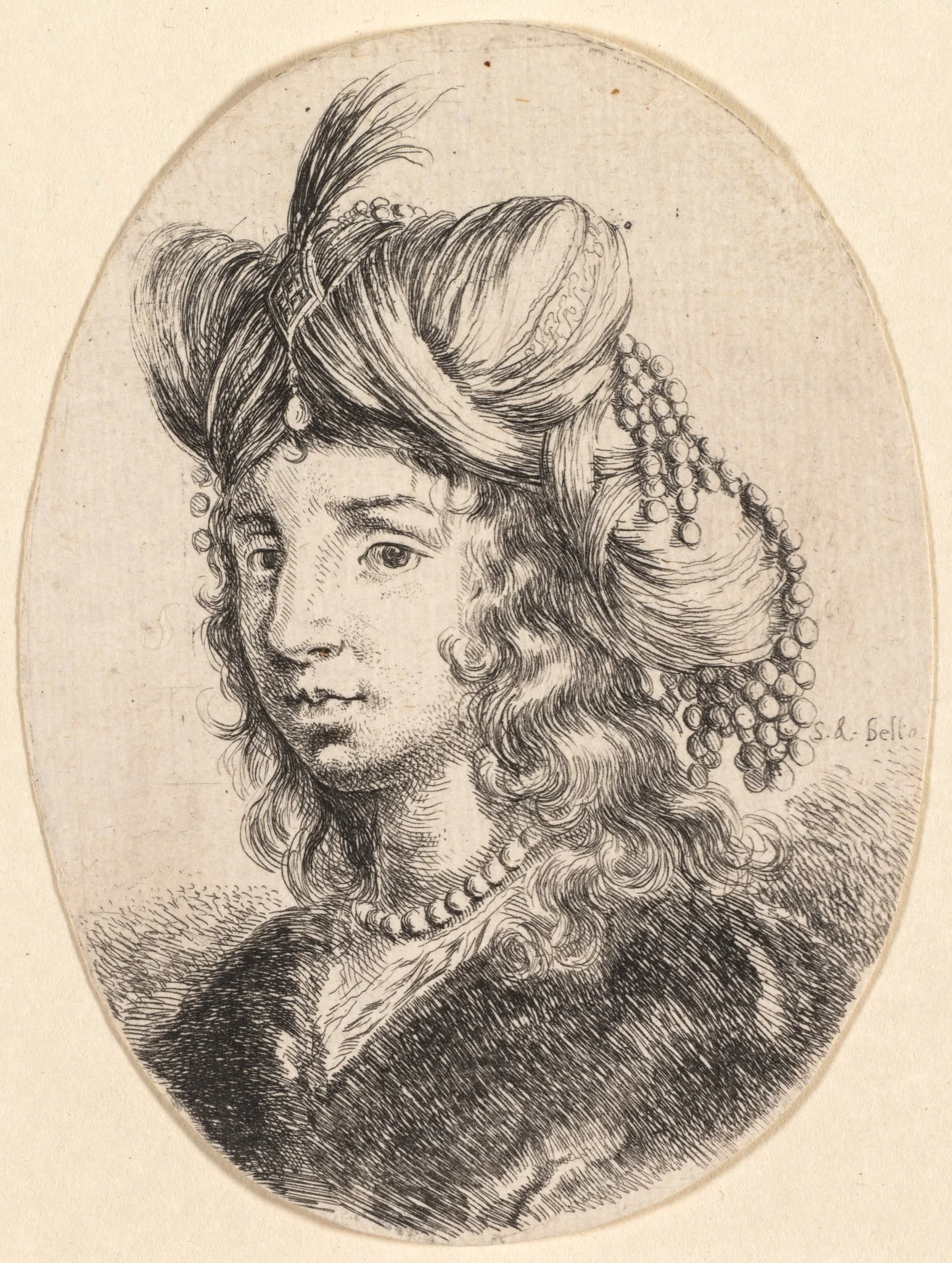Several heads in the Persian style: Portrait, Sultana Wearing a Pearl Necklace and a Turban (Plusieurs têtes coiffées à la persienne), by Stefano Della Bella, 1650