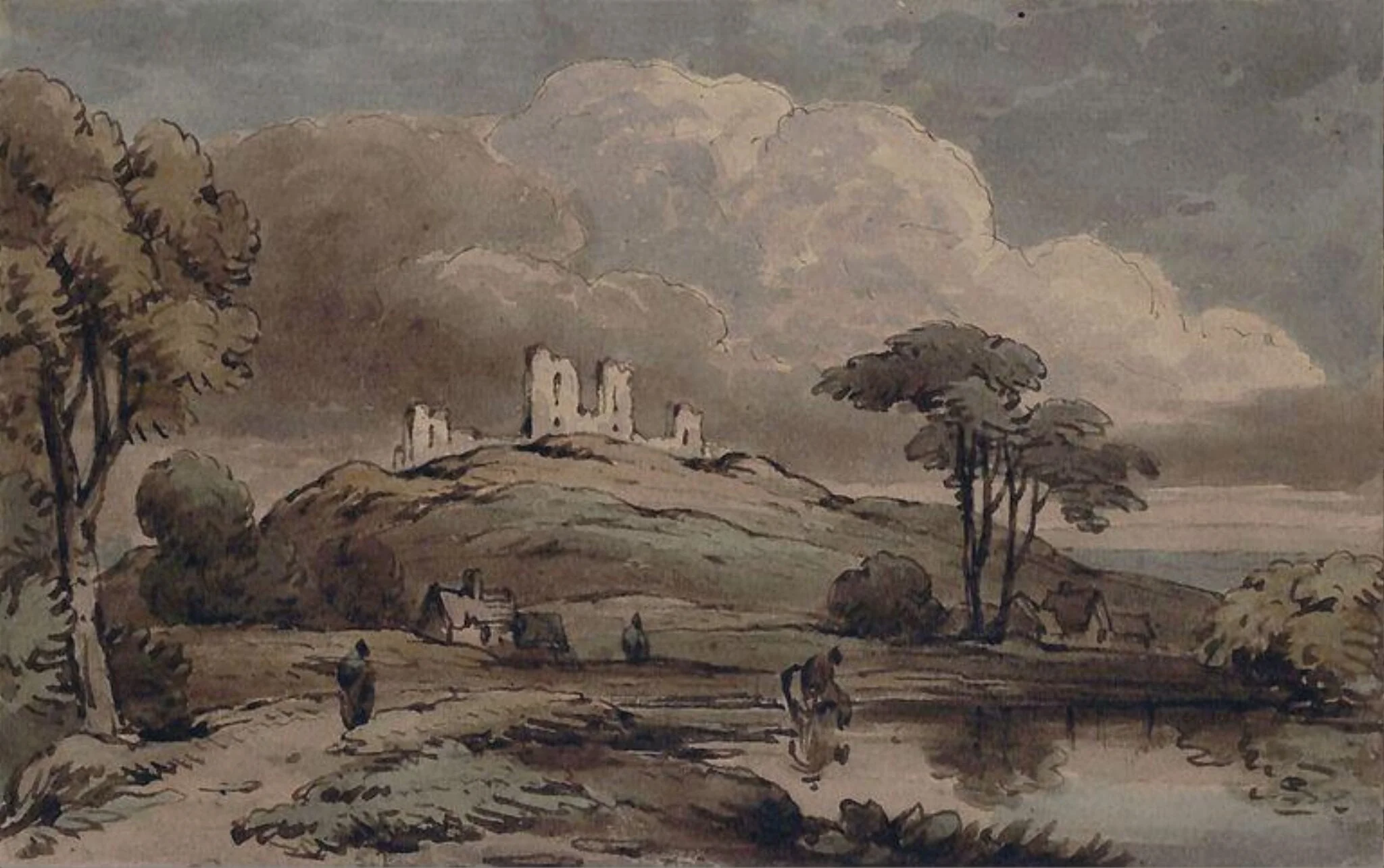 Landscape with horse watering, by Unknown, watercolor, 1850