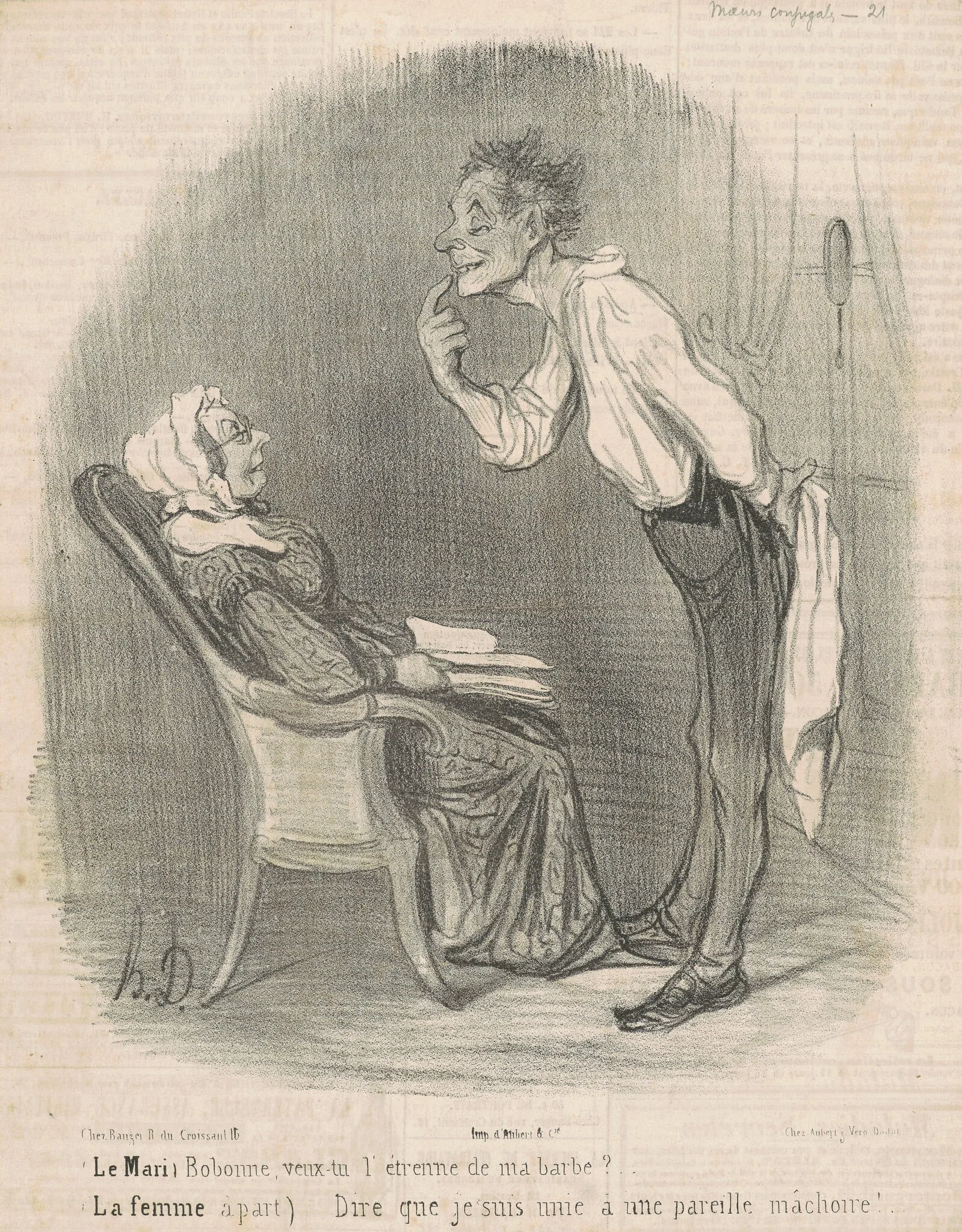 Le mari. Bobonne veux-tu l'étrenne de ma barbe?, by Honoré Daumier, ink, 1840