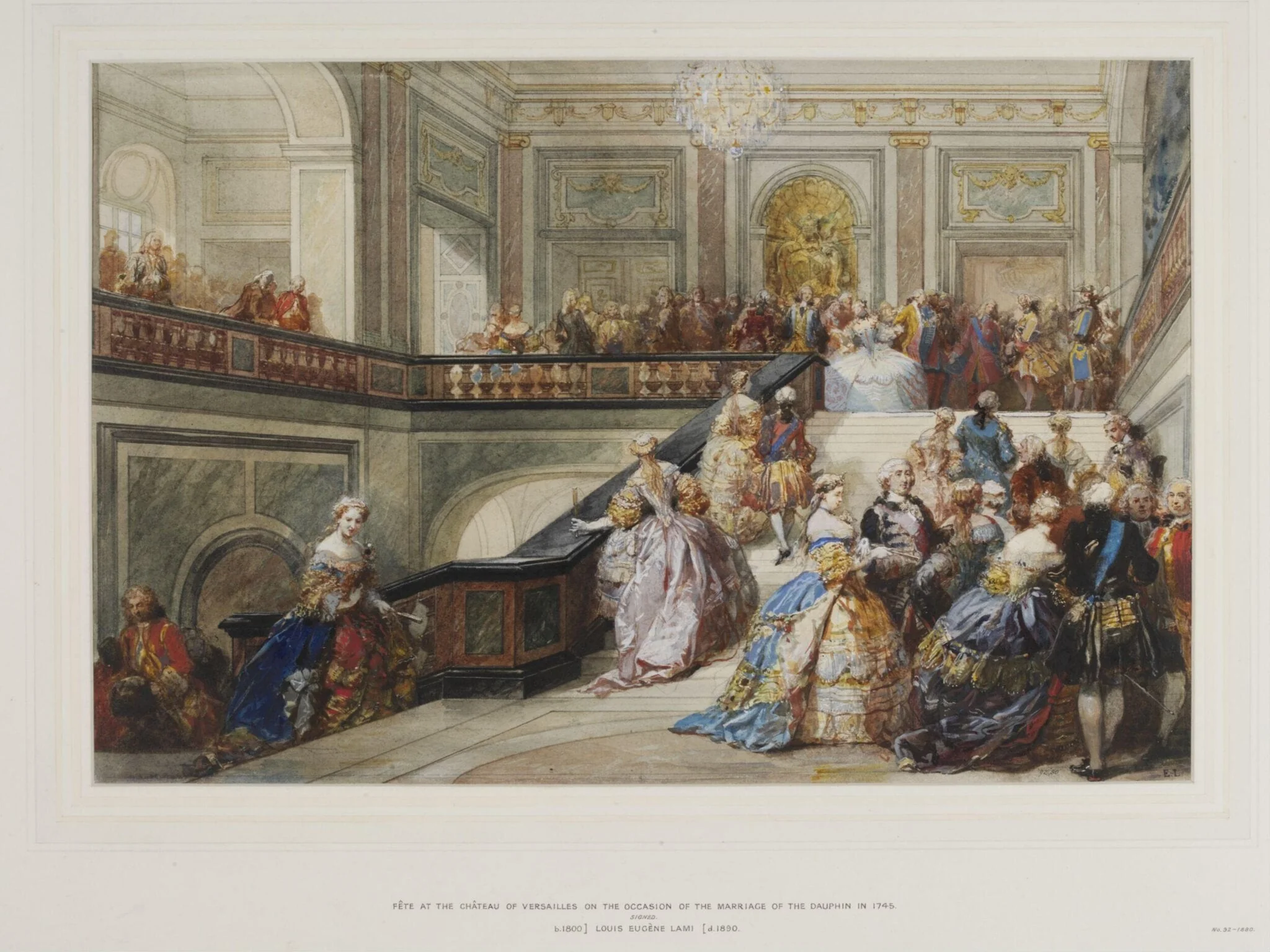Fete at the Chateau de Versailles in 1745 on the occasion of the marriage of the Dauphin, by Lami, watercolor, 1850