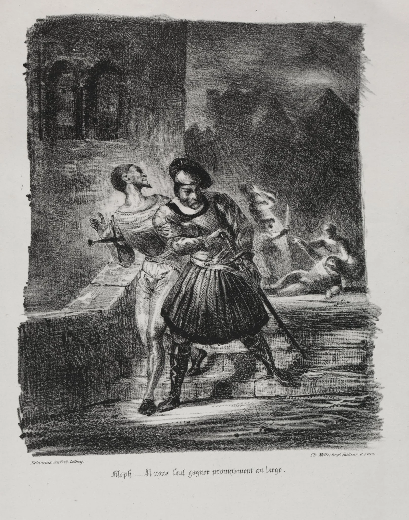 Illustrations for Faust:  Méphistophélés and Faust flee after the duel, by Eugène Delacroix, 1828