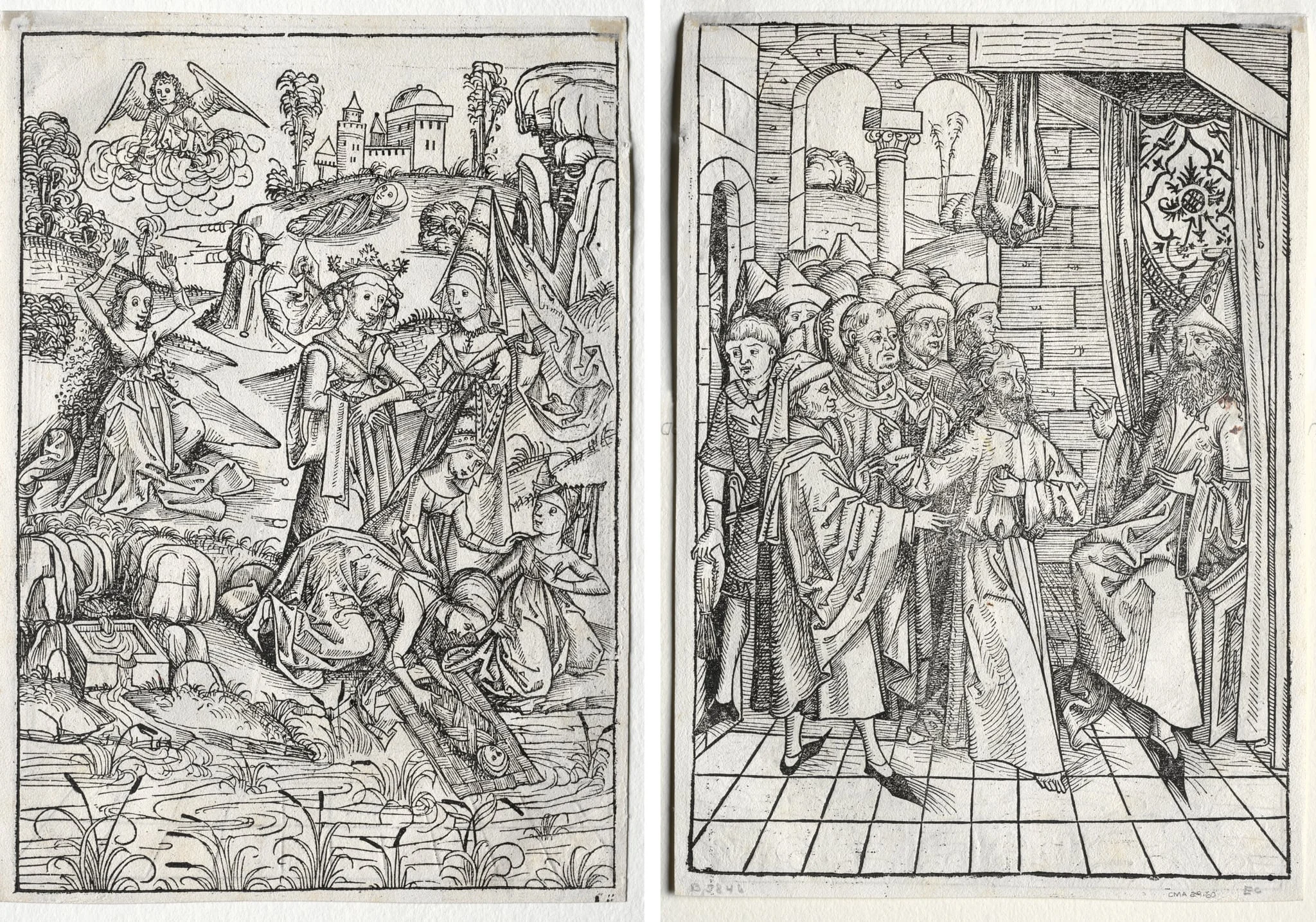 Der Schatzbehalter:  Moses Found by Pharaoh's Daughter (recto); Der Schatzbehalter:  Christ before Caiaphas (verso), by Michael Wolgemut, 1491