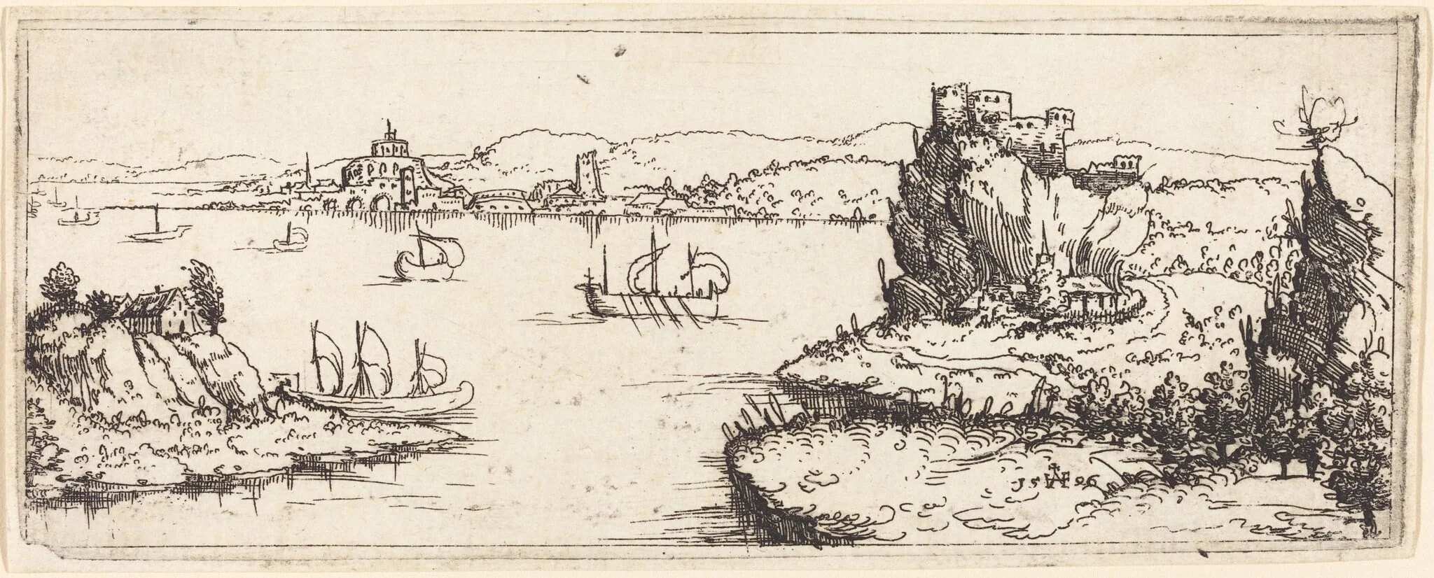 Landscape with Sail Boats, by Augustin Hirschvogel, ink, 1546