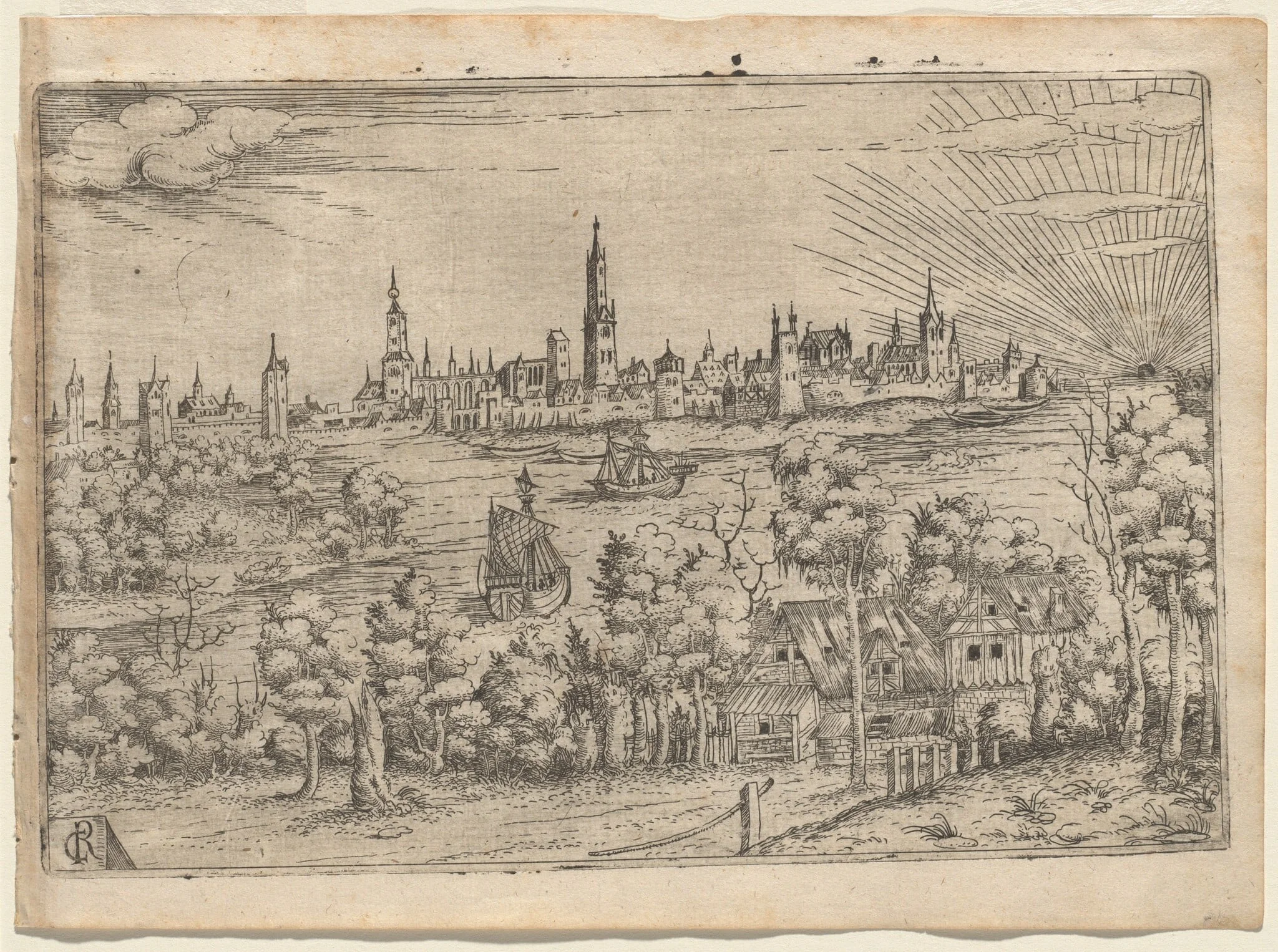 View across a River to a Walled City at Sunset, by Master CR, ink, 1544