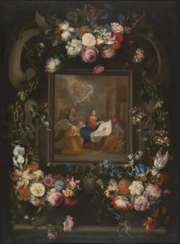 Garland of flowers around a scene of the birth of Christ