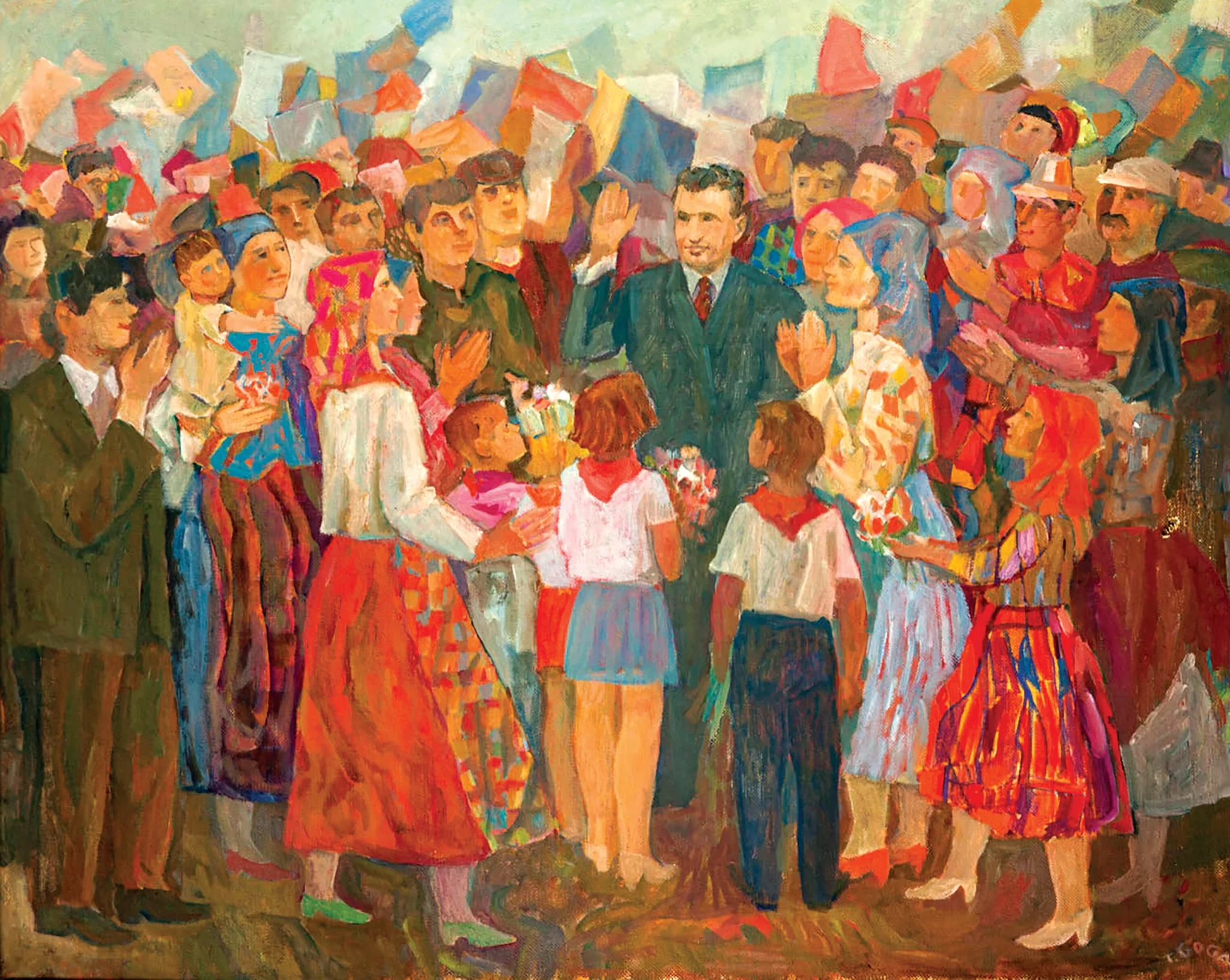 Tablou, ulei pe pânză, „Moment de sărbătoare bihoreană”, semnat T. Goga în partea dreaptă jos. Nicolae Ceaușescu este reprezentat în mijlocul oamenilor munci și al tinerilor din județul Bihor care-l întâmpină cu flori și aplauze. Comandat de Comitetul Județean de Partid Bihor,oferit lui Nicolae Ceaușescu în ianuarie 1978., by Traian Goga