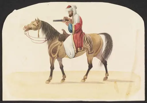 Mounted horseman loading gun