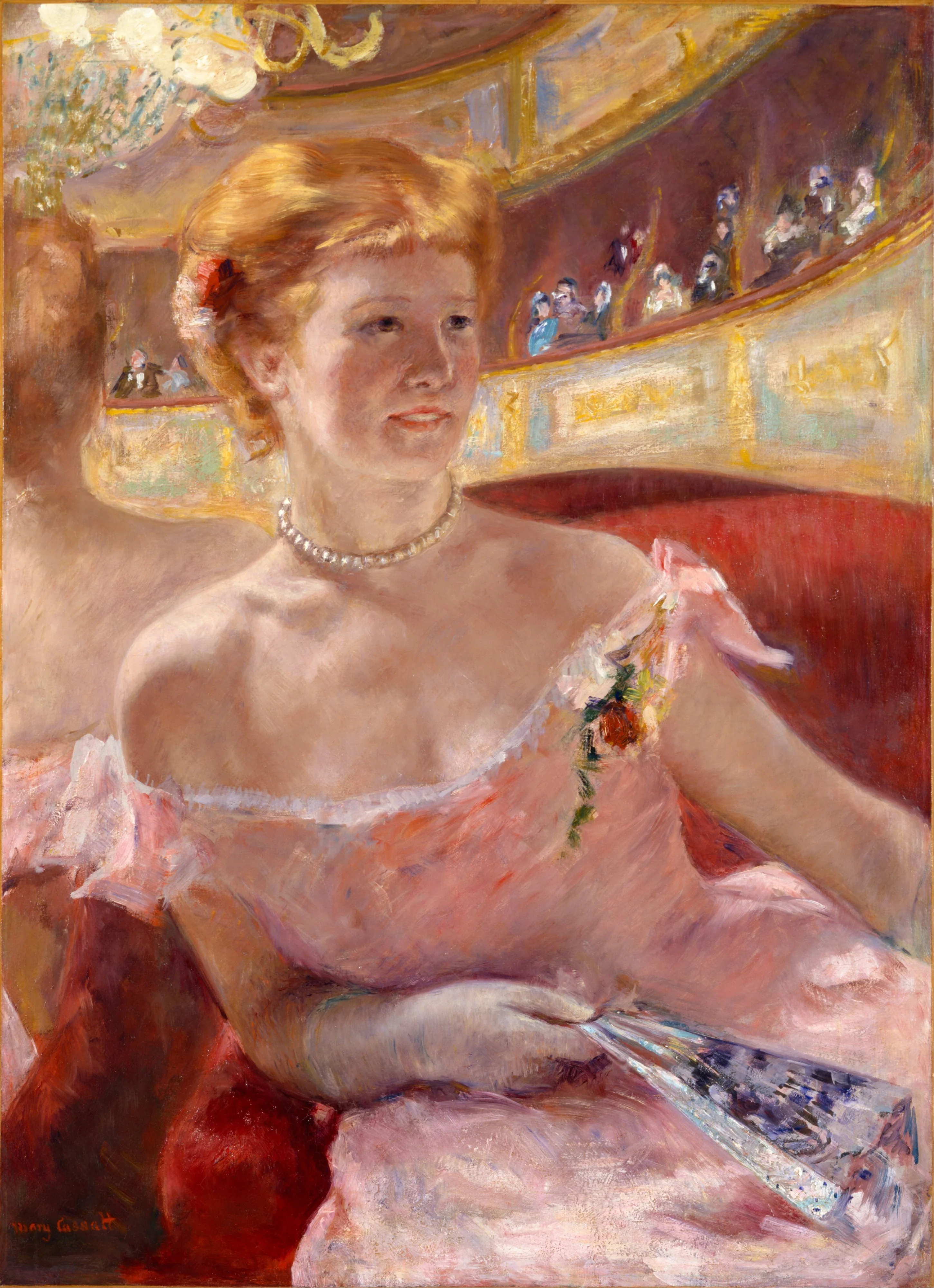 Woman with a Pearl Necklace in a Loge, by Mary Cassatt, oil, 1890