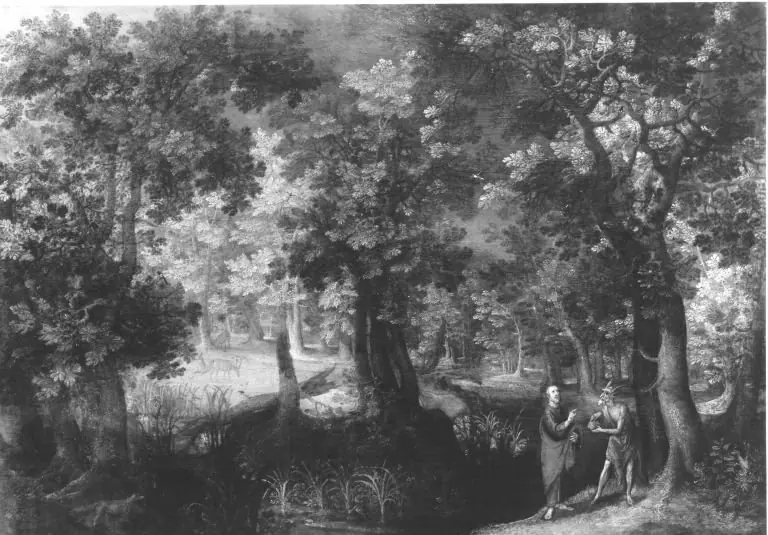 Wooded landscape with the temptation of Christ (Matthew 4: 3-10, Mark 1: 12-13; Luke 4: 1-13)