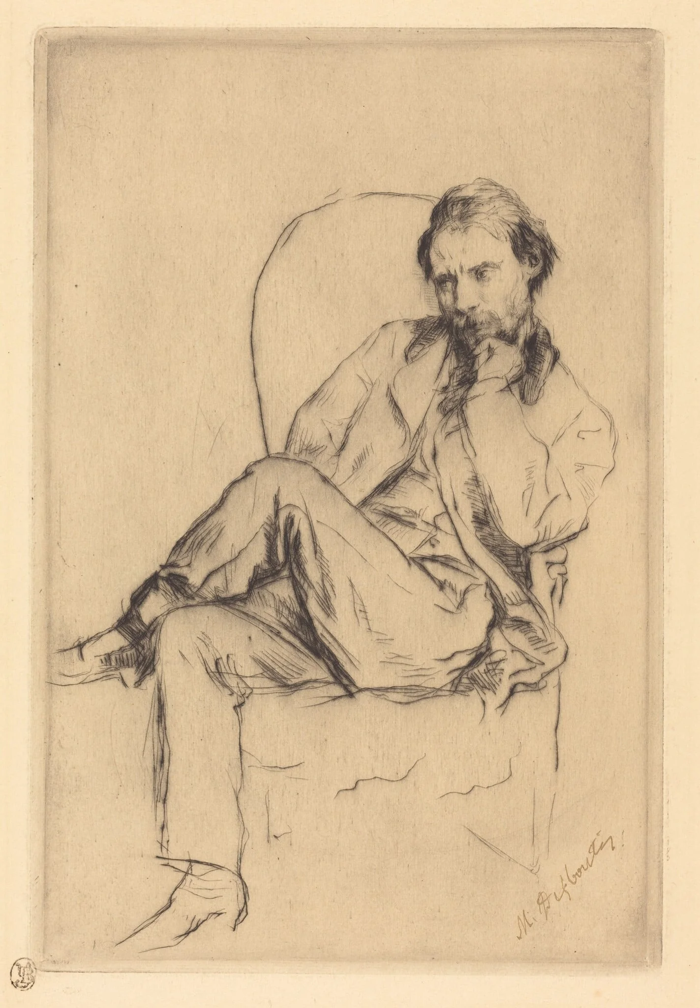 Renoir Seated, by Marcellin-Gilbert Desboutin, ink, 1877