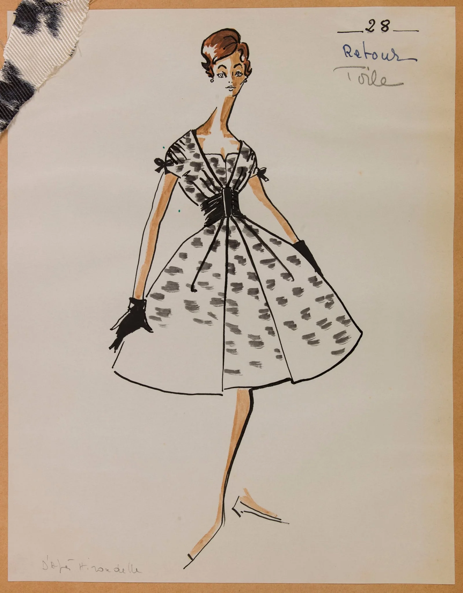 Robe blanche à motif noir avec large ceinture et noeuds aux épaules, by Marie-Louise Carven, 1957