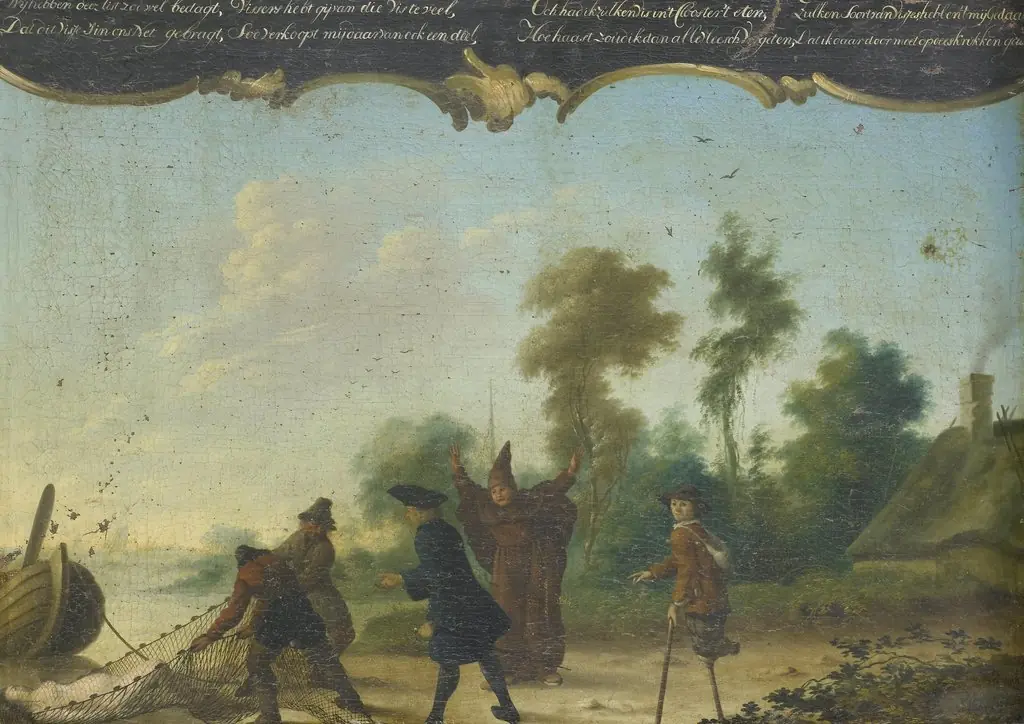 Allegory of Free Love: A Gentleman, a Monk and a Beggar Speaking with two Fishermen who Have Caught a Woman in a Net, by Joseph Pierre Vianey