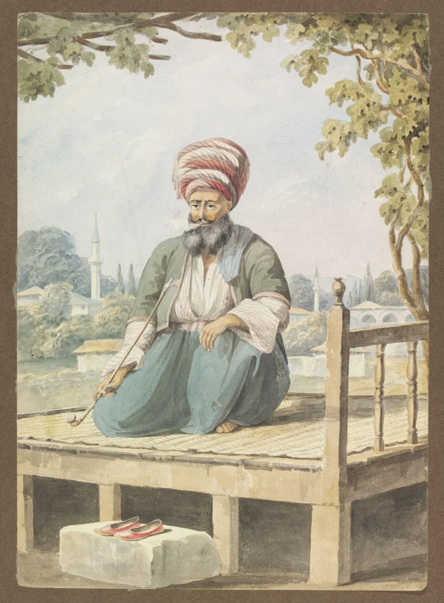 A Turkish man, seated, smoking a pipe