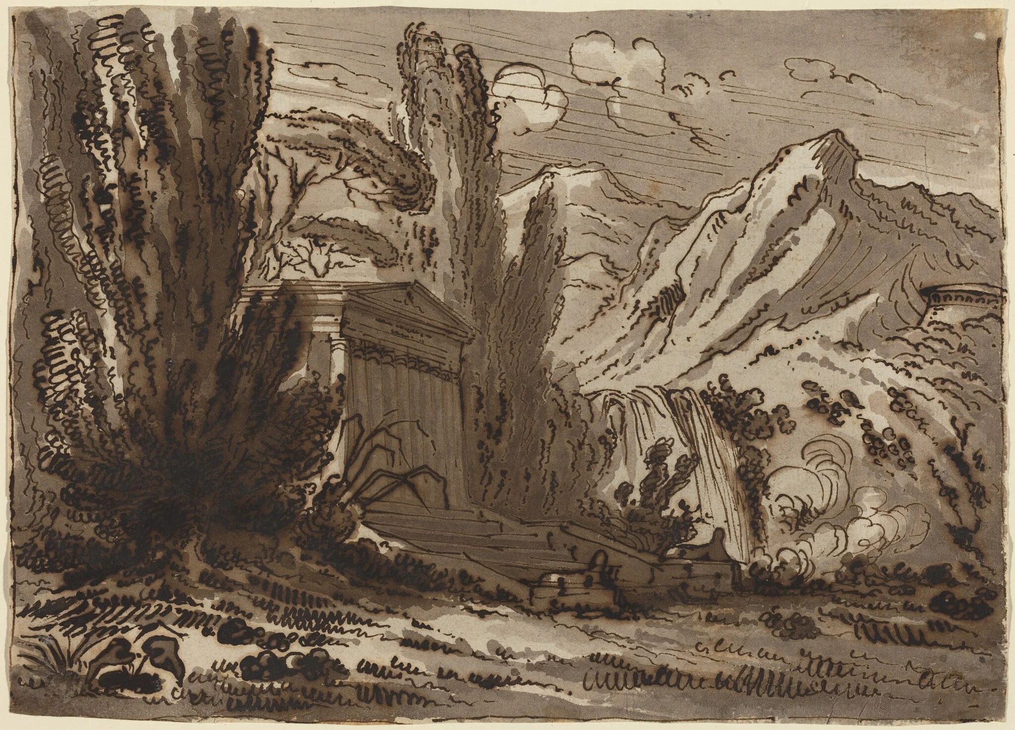 Mountainous Landscape with Classical Temple, by Felice Giani, ink, 1790