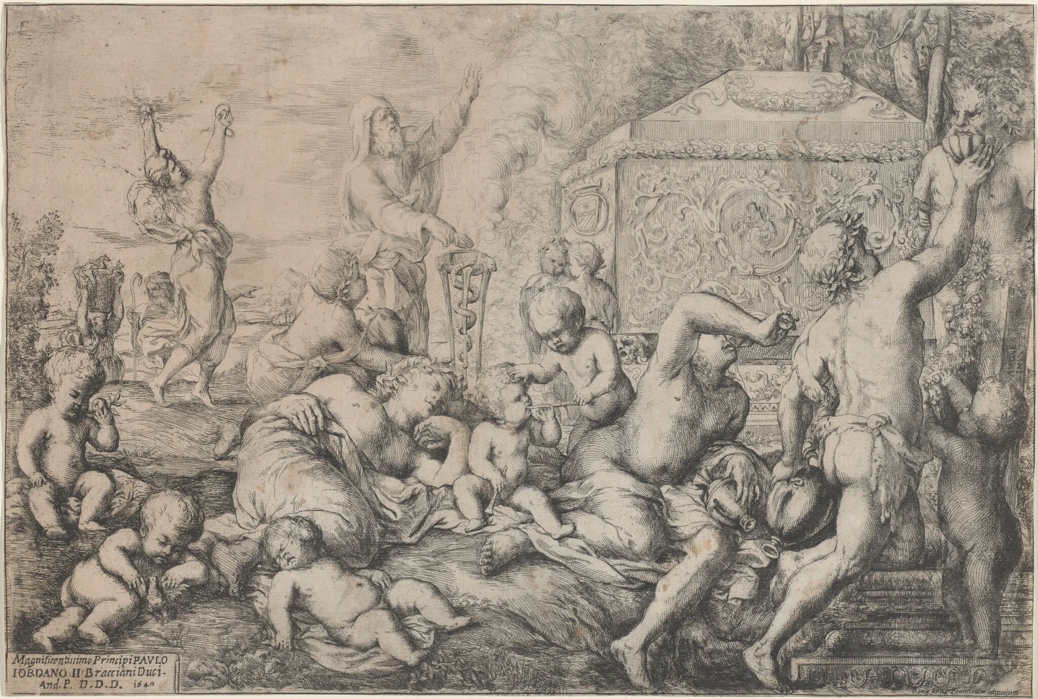 Bacchanal with Altar, Faun, and Silenus, by Giovanni Andrea Podestà, ink, 1640