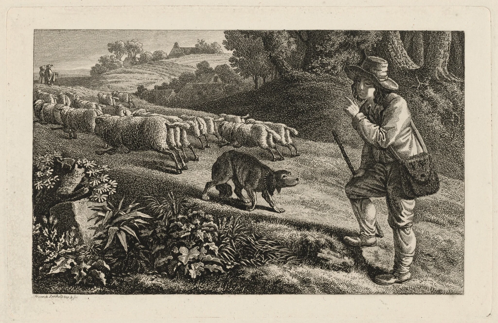 A Shepherd Scolding His Dog for Letting His Sheep Run Away, by Heinrich Carl Reinhold, ink, 1816