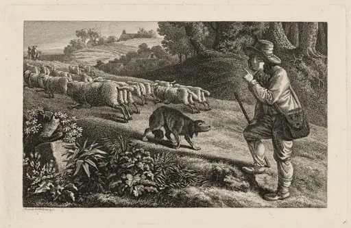 A Shepherd Scolding His Dog for Letting His Sheep Run Away