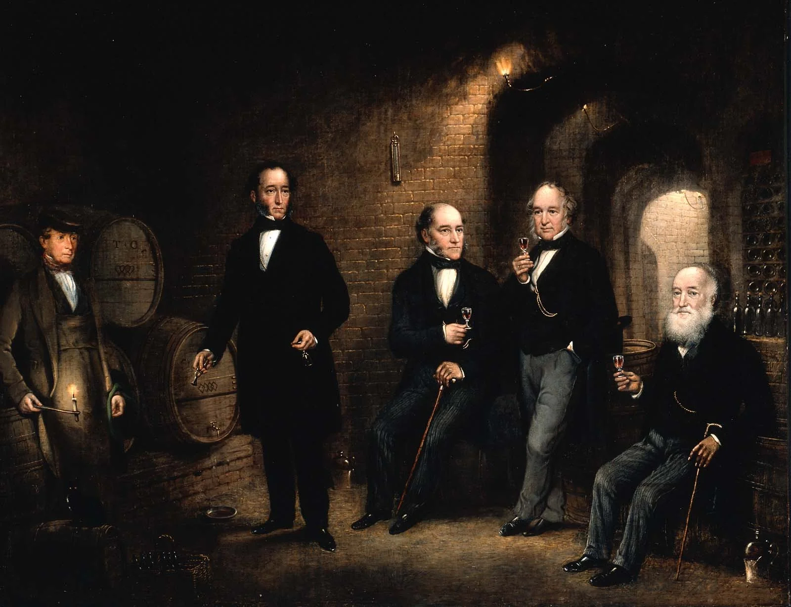 Four Wine Tasters in a Cellar, by Unknown, oil, 1859