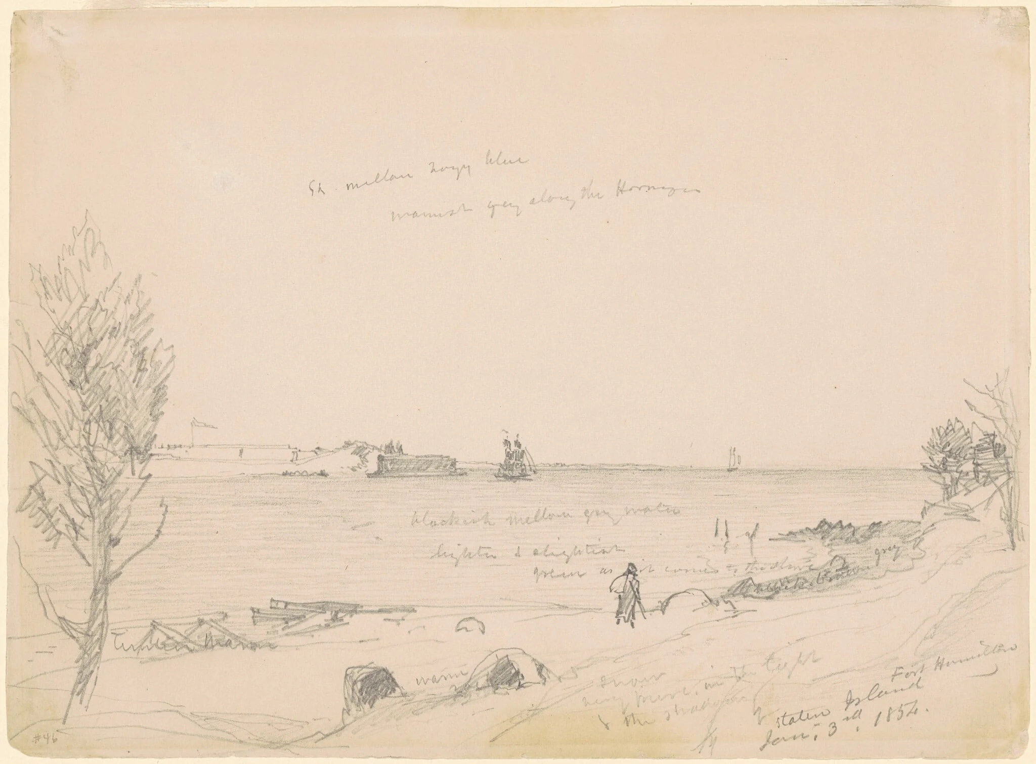 Fort Hamilton, Staten Island, by Jasper Francis Cropsey, graphite, 1854