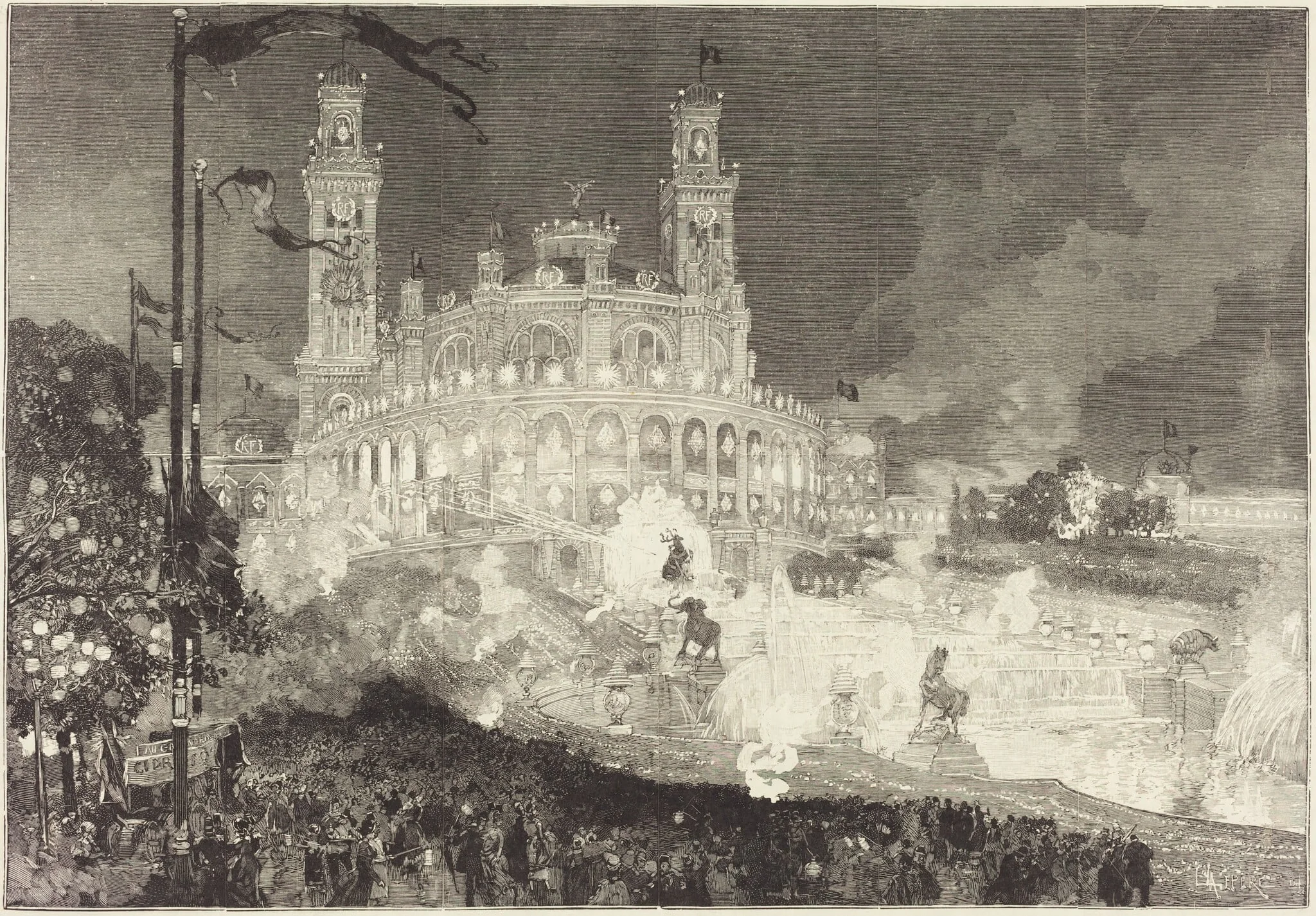 14 Juillet.  Illumination du Palais du Trocadéro, by Auguste Lepère, ink, 1883
