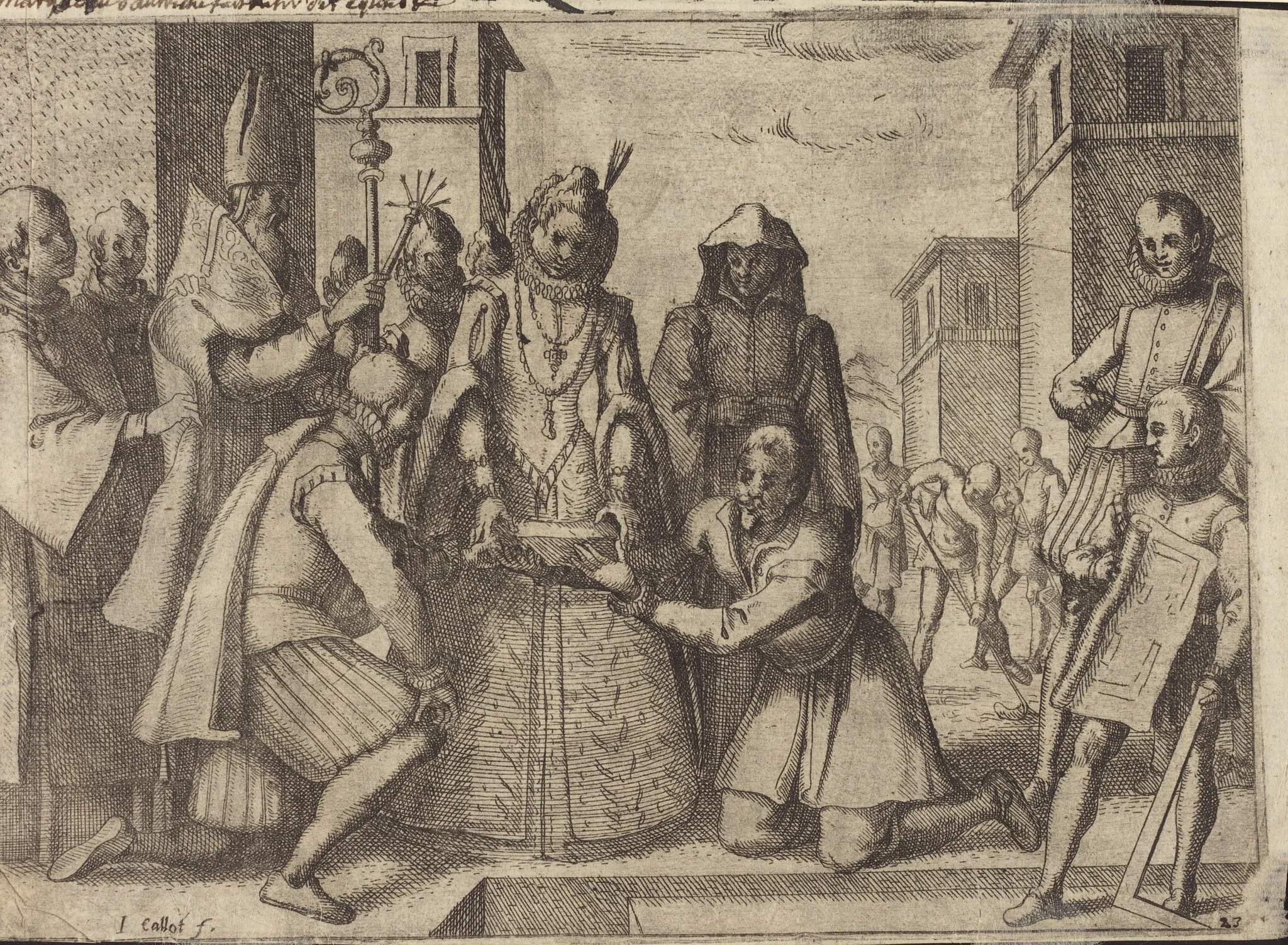 The Queen Laying the First Stone for the Church of the Poor Clares in Spain [verso], by Jacques Callot, ink, 1612
