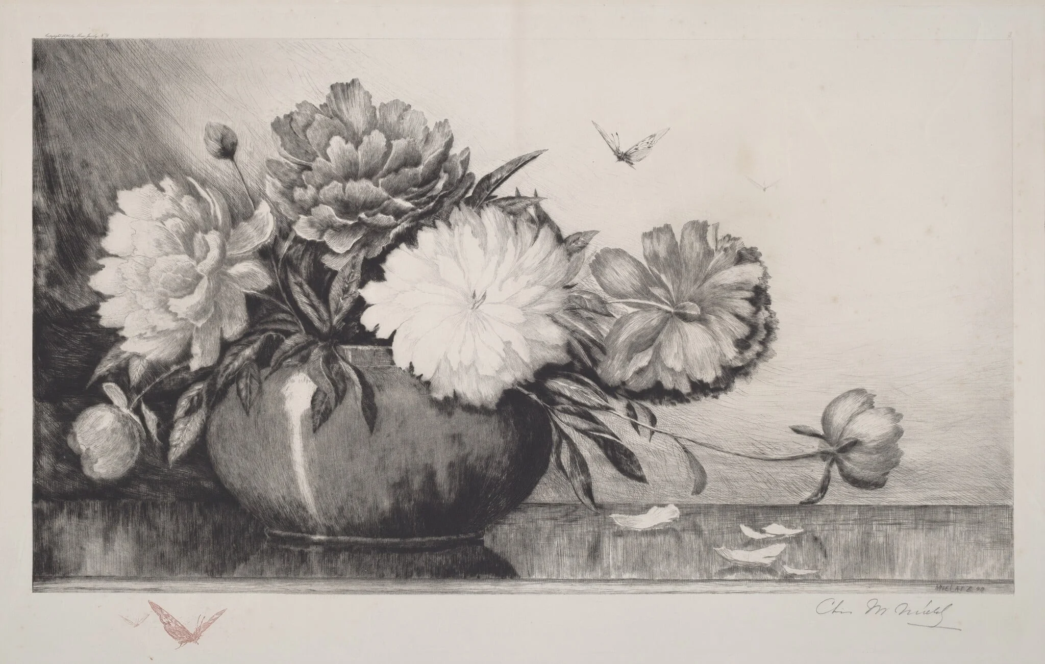 Untitled (Peonies in a Bowl), by Charles Frederick William Mielatz, ink, 1890
