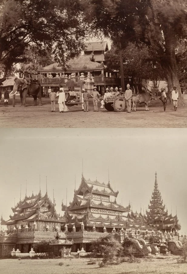Untitled: (British soldiers, man on palequin, and indigenous workers); (ornate buildings, verso), by Unknown, 1880