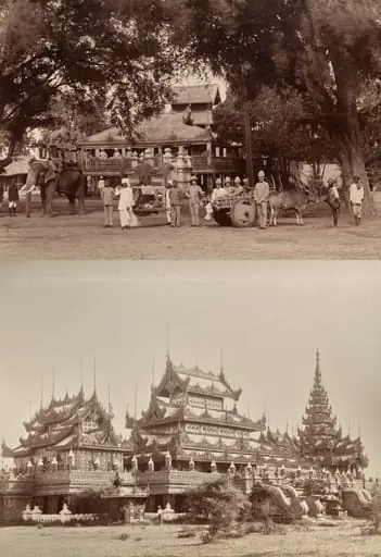 Untitled: (British soldiers, man on palequin, and indigenous workers); (ornate buildings, verso)